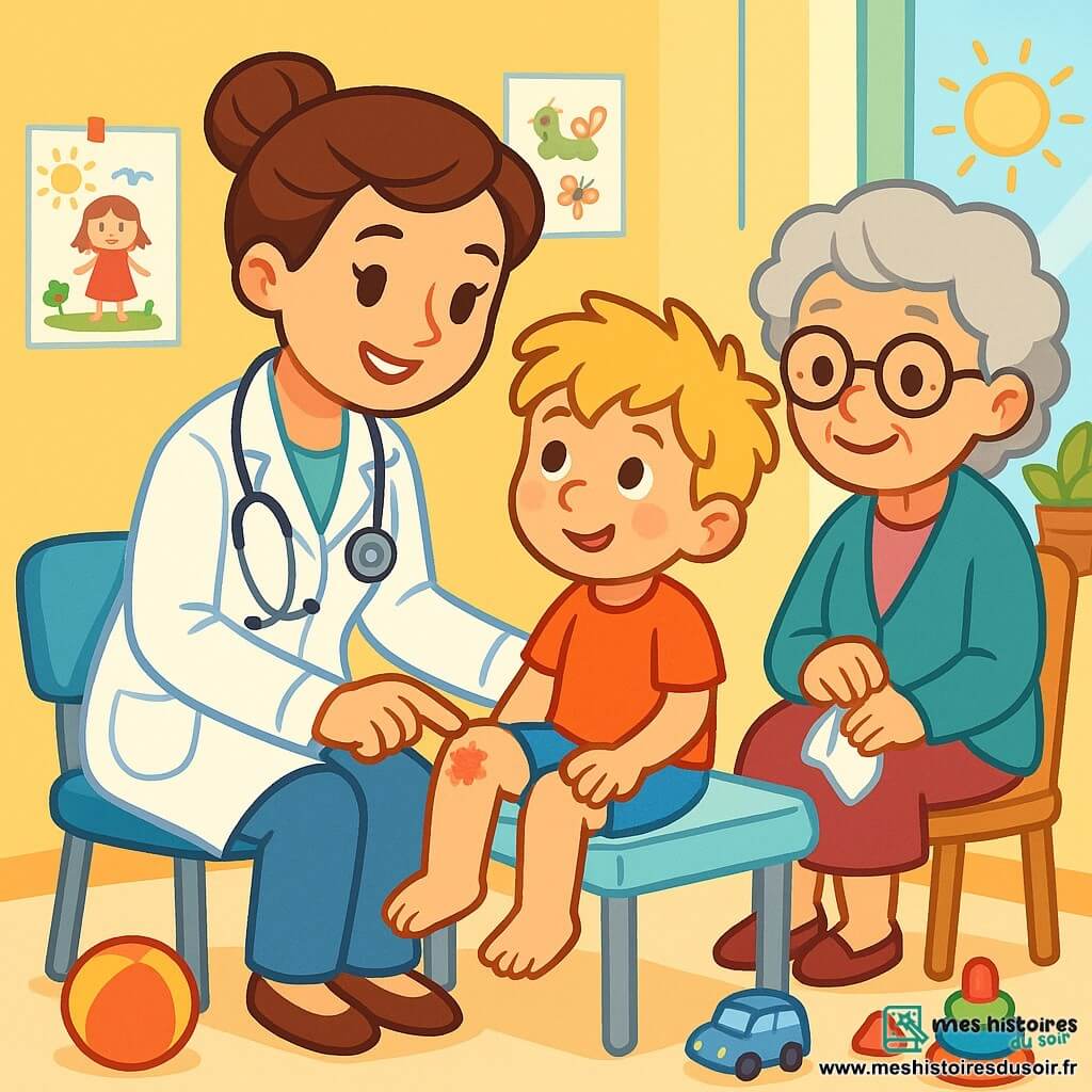 Docteur Léa est une femme souriante, avec des cheveux bruns en chignon et une blouse blanche. Elle tient un stéthoscope et regarde avec bienveillance un petit garçon de 6 ans, assis sur la table d'examen, qui lui montre timidement son genou écorché. À côté, une mamie aux cheveux gris et lunettes rondes attend patiemment sur une chaise, un mouchoir à la main. Le cabinet médical est lumineux et accueillant, décoré de dessins d'enfants et de jouets colorés. Docteur Léa examine le genou du petit garçon avec douceur, tout en le rassurant, tandis que la mamie l'observe tendrement, créant une atmosphère chaleureuse.