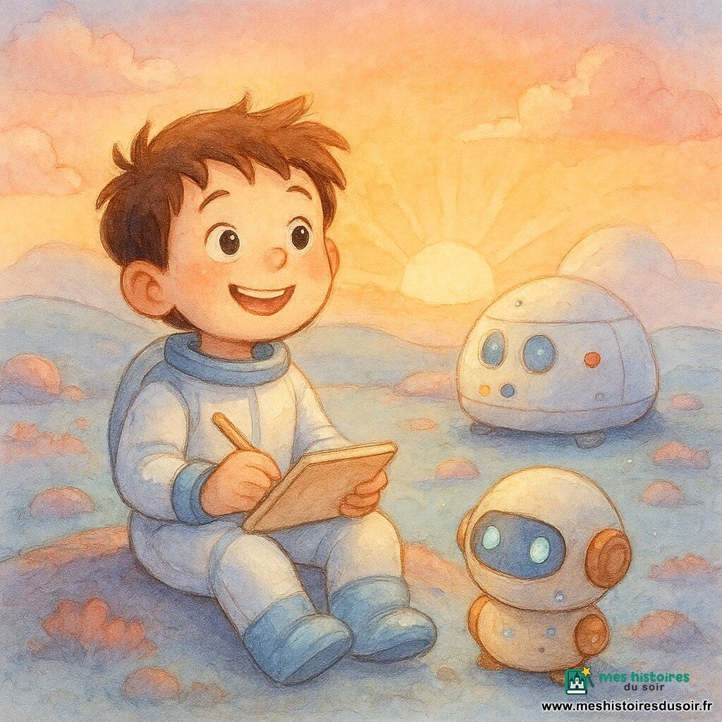 Max, jeune homme au visage rond et cheveux bruns en bataille, sourire émerveillé et yeux grands ouverts, est assis sur une petite colline avec un carnet beige et un crayon, portant une combinaison spatiale blanche et bleue et un casque posé à côté de lui; à droite, un petit robot rond crème et cuivre émet de petites lumières bleues près de la navette ronde blanche aux hublots ronds, le tout posé sur un sol pastel d'une planète aux collines douces, bleu pâle parsemé de touffes de mousse rose et de petites pierres, sous un lever de soleil rose-orangé-doré aux rayons doux qui créent de longues ombres et des reflets chauds; composition centrée, plan rapproché moyen, atmosphère calme et pleine d'émerveillement, rendu en aquarelle légère avec textures de papier et rehauts au stylo gel blanc pour les éclats.