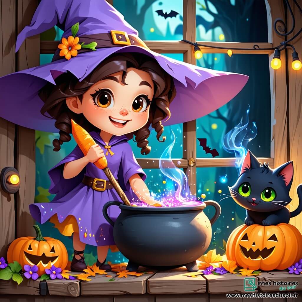 Une petite sorcière nommée Pétunia, avec un chapeau pointu tordu et des cheveux bouclés violets, sourit en tenant une baguette magique en forme de carotte. Ses yeux pétillent d'excitation alors qu'elle mélange une potion dans un chaudron fumant. À côté d'elle, Maurice, un chat noir aux yeux verts, se tient sur le rebord de la fenêtre, riant malicieusement. La scène se déroule dans une salle de classe magique, remplie de livres anciens et de potions colorées, où des éclats de lumière dansent autour d'eux. Pétunia, entourée de fumée rose, vient de créer une potion qui fait rire tout le monde, tandis que les murs sont décorés de dessins de créatures fantastiques et de balais volants, créant une ambiance joyeuse et ensorcelante.