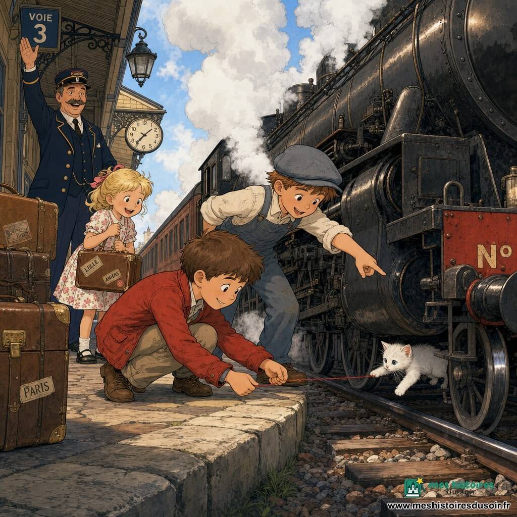 Un garçon de 6 ans, cheveux bruns courts, veste rouge et pantalon en toile, accroupi sur un vieux quai, tend un bout de laine rouge sous une énorme locomotive à vapeur noire pendant qu’un autre garçon d’environ 6 ans, casquette grise et salopette poussiéreuse nommée Paul, pointe vers l’espace sous le wagon; une fillette de 5 ans en robe à fleurs, ruban dans les cheveux, les yeux brillants et tenant une serviette, se tient juste derrière, soulagée et heureuse; un chef de gare moustachu en veste bleu marine sourit et fait signe à des agents; l’atmosphère est chaude, rails brillants, lampadaires en fer forgé et malles en cuir; les enfants coopèrent pour faire sortir un petit chaton blanc attiré par la laine, expressions passant de la tension à la joie, rendu en lignes nettes et contours doux dans le style bande dessinée franco-belge.