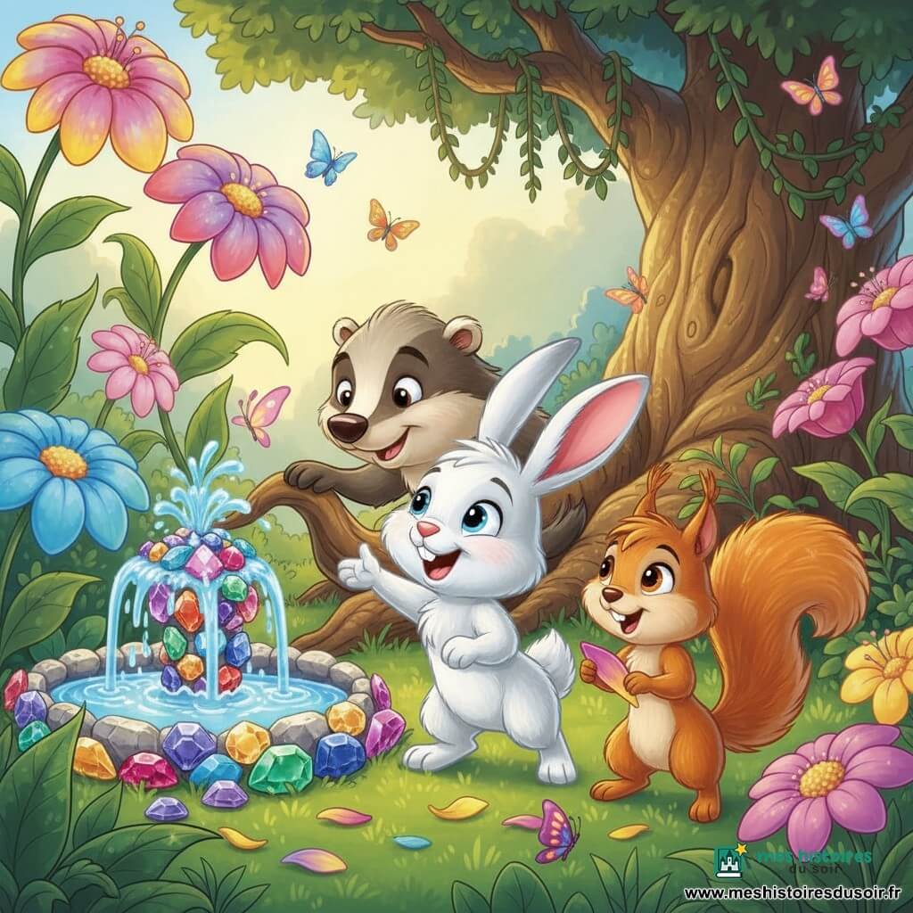 Léonard, petit lapin blanc aux longues oreilles roses et aux yeux brillants, pelage duveteux, sourit et tend une patte vers une fontaine ornée de pierres précieuses; Zoé, écureuil roux espiègle à la queue touffue, tourne près d’un parterre de fleurs géantes et ramasse un pétale scintillant; Gaspard, blaireau brun et gris au visage sage, se tient derrière en posant une patte sur une grosse racine comme pour protéger ses amis; le jardin magique présente une herbe épaisse, des fleurs irisées, des papillons colorés, une fontaine d’eau claire et un grand arbre aux branches torsadées et lianes fleuries; les trois amis découvrent le cœur du jardin, illuminés d’une douce lumière dorée, émerveillés et unis par leur amitié.