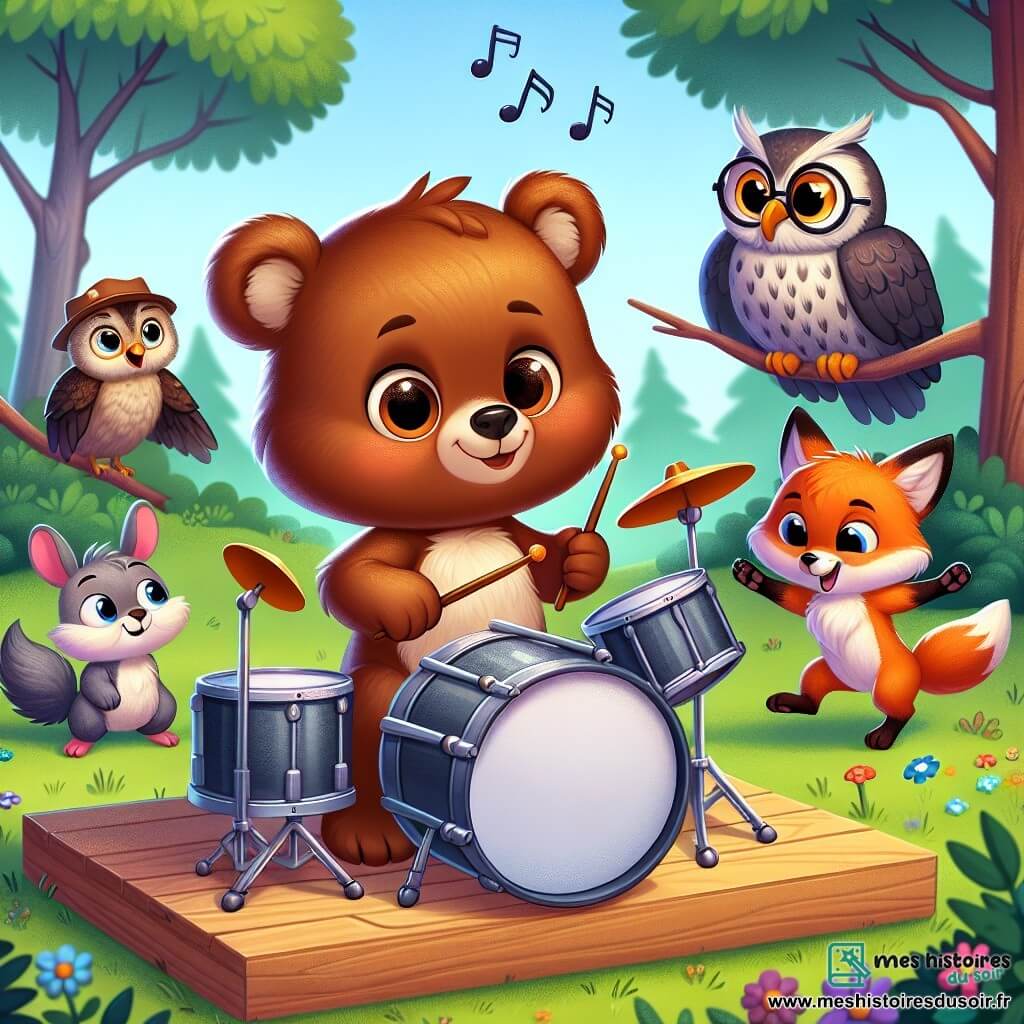 Illustration d'un jeune ours brun jouant de la batterie sur une scène en bois, souriant avec fierté. À côté, un hibou sage applaudit et un renard rusé danse joyeusement. La scène se déroule dans une clairière ensoleillée, entourée d'arbres majestueux et de fleurs colorées, avec des animaux de la forêt captivés par la musique. Le jeune ours joue avec passion, célébrant la confiance en soi et la joie de partager un moment ensemble, tandis que des notes de musique flottent dans l'air, ajoutant une touche de magie.