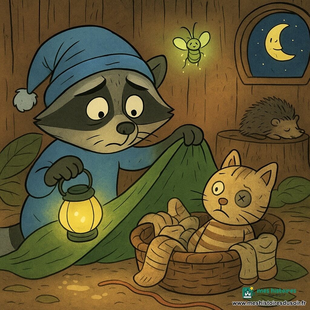 Rico, un jeune raton laveur au regard inquiet mais doux et au bonnet de nuit à pompon, tient une petite luciole-lanterne qui éclaire son visage pendant qu’il soulève une couverture-feuille; devant lui, Monsieur Moustache, un doudou chiffonné rayé beige et brun à l’oreille recousue, est coincé dans un panier de chaussettes froissées; la luciole amie, petite créature verte lumineuse, bourdonne au-dessus en projetant des taches jaunes; un hérisson endormi sur une souche ronfle paisiblement en arrière-plan. La scène se déroule dans une cabane en écorce chaleureuse avec coussins de feuilles, tiroirs de cailloux brillants et une fenêtre ronde où la lune en forme de banane sourit; Rico mène une mini-enquête nocturne, la lampe créant longues ombres, et des traces de farine et un fil de laine coloré mènent au panier, donnant une ambiance cosy et drôle.