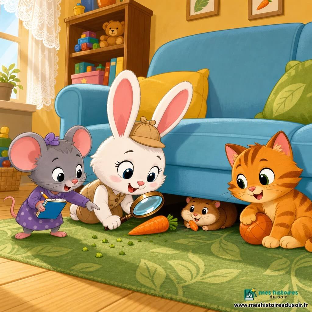 Lili la lapine blanche aux grandes oreilles roses, chapeau beige et loupe à la main, se penche pour regarder une carotte sous le canapé tandis que Mina la souris grise, carnet bleu, montre des miettes sur le tapis, Tom le chaton tigré joue avec une balle orange près du canapé et Hugo le hamster brun tient un morceau de carotte caché derrière le canapé ; le salon cosy (parquet clair, tapis vert, canapé bleu, fenêtre en dentelle) baigne la scène chaleureuse et ludique.