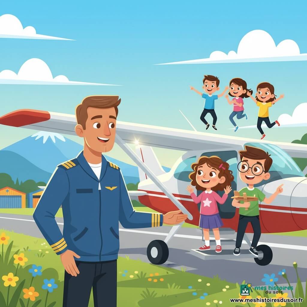 Lucas, pilote souriant et confiant, main posée sur l’aile argentée de son petit monomoteur, regarde avec bienveillance des enfants émerveillés — Clara (8 ans, cheveux bouclés) pressant la vitre, Timothée (9 ans, lunettes, t-shirt vert) tenant une maquette et pointant le ciel, plus trois enfants sautillants — sur une petite aérodrome entouré de champs fleuris, hangars colorés et montagnes, au matin doré alors que l’avion s’apprête à décoller, ambiance chaleureuse et rassurante, couleurs vives et contours nets.