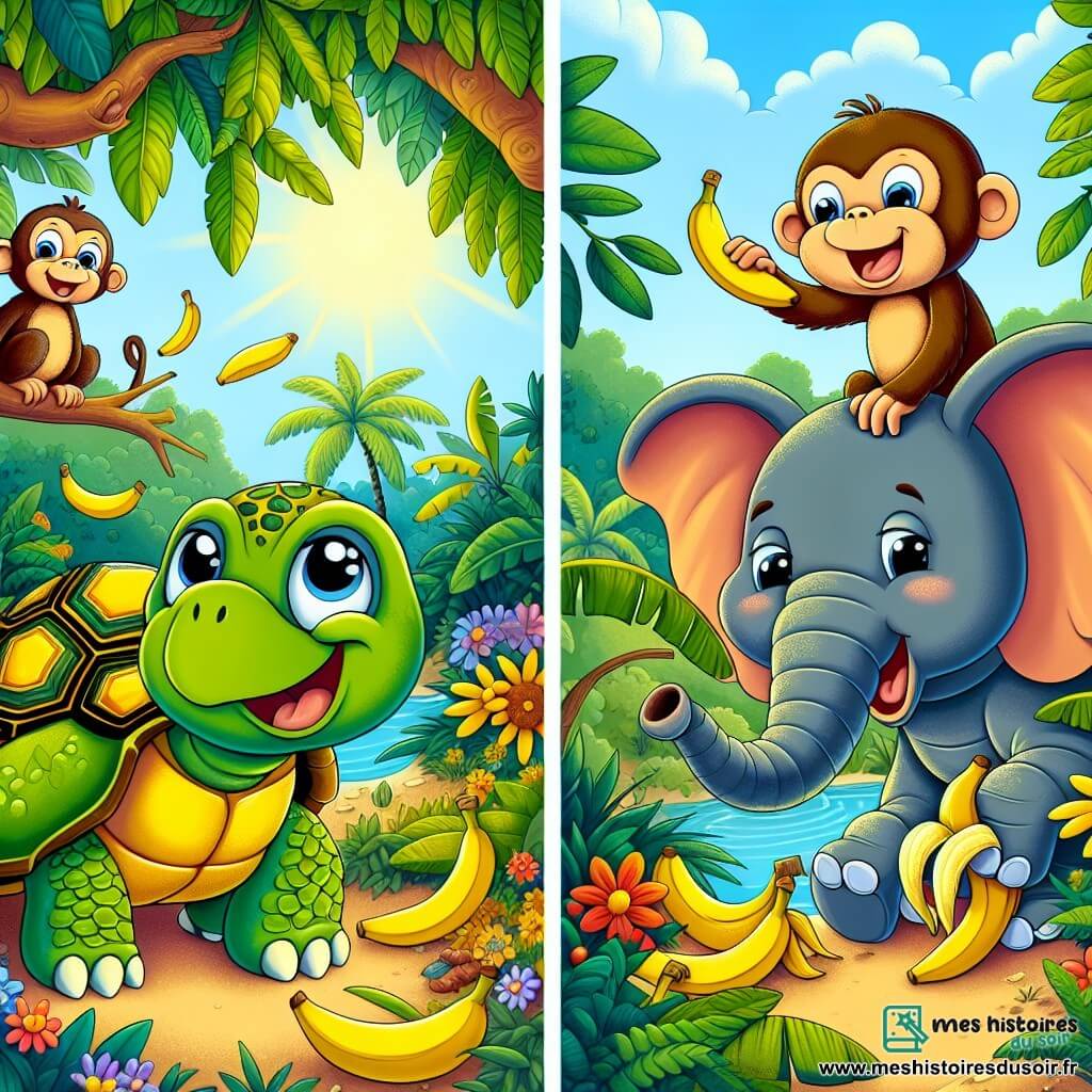 Tootie, une tortue à carapace verte et motifs jaunes, sourit en ramassant des bananes tombées. Ses grands yeux curieux et son large sourire expriment son enthousiasme. À ses côtés, Max, un singe espiègle au pelage brun, rit en tenant une banane, perché sur une branche. Non loin, Ella, une éléphante douce à la peau grise, secoue un bananier en riant, une banane sur le nez. Le décor est une jungle vibrante avec feuillages luxuriants et fleurs colorées, sous un ciel bleu éclatant. Tootie et ses amis profitent d'une journée amusante, riant ensemble après une petite aventure.
