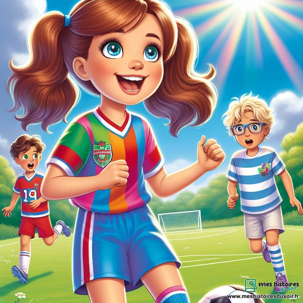 Au centre de l'image, Emma, une fille de 10 ans aux cheveux châtains en deux couettes, dribble un ballon de football sur le terrain, affichant détermination et joie. À sa droite, Alan, un garçon de 10 ans aux cheveux blonds et lunettes, l'encourage avec un pouce levé. En arrière-plan, Thomas, un garçon aux cheveux bruns et casquette, regarde avec surprise, réalisant que les filles peuvent être de grandes footballeuses. La scène se déroule dans un parc ensoleillé avec un terrain de football verdoyant, des arbres, des enfants jouant et des spectateurs applaudissant. Emma, en pleine action, illustre l'esprit d'équipe et l'égalité des genres dans le sport.