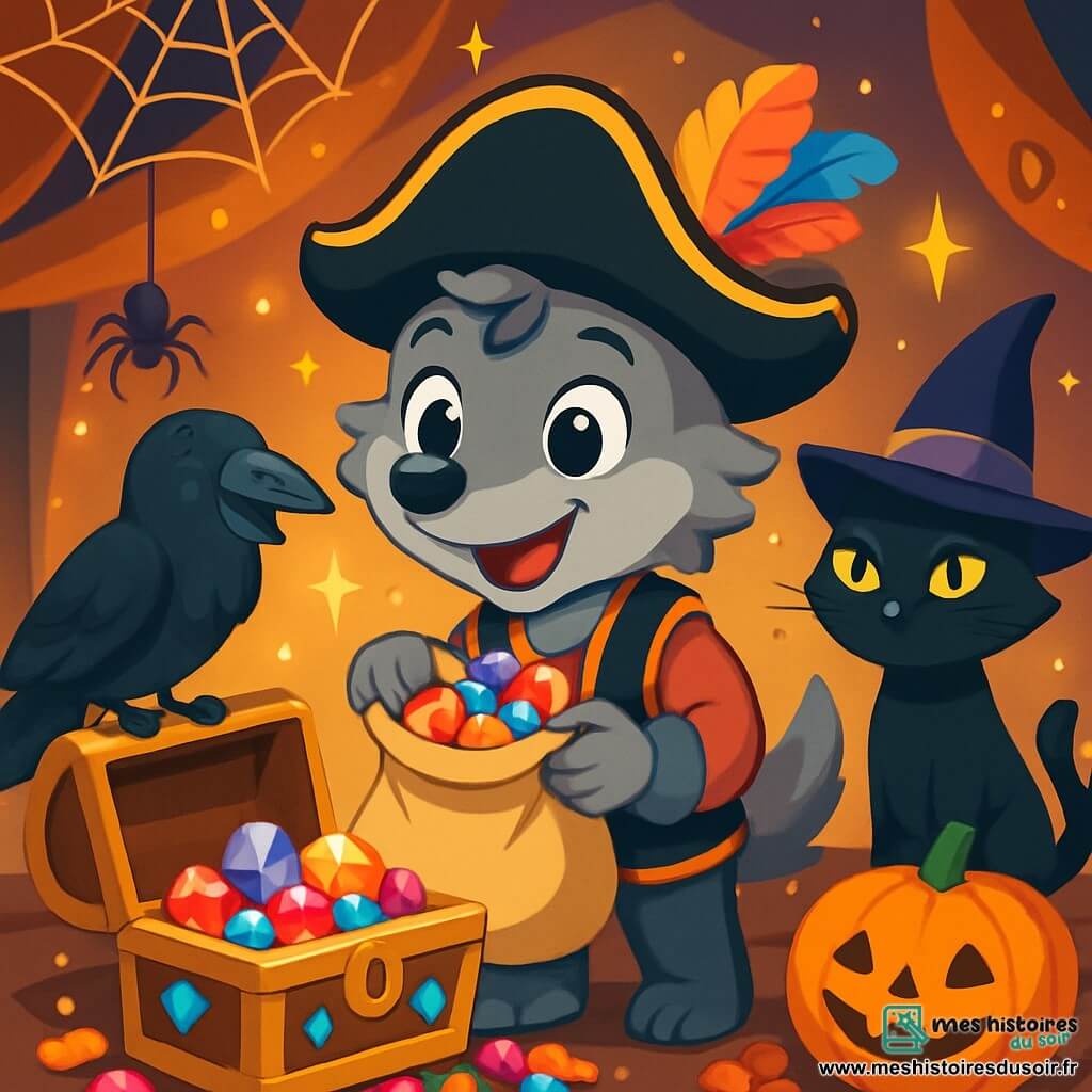 Léo, un jeune loup gris aux yeux curieux, porte un costume de pirate avec un chapeau noir orné de plumes. Il sourit en tenant un sac de bonbons, devant une grande boîte ornée de pierres précieuses. À côté, un vieux corbeau aux plumes noires est perché sur le bord de la boîte, affichant une expression amusée. Un chat noir avec un chapeau de magicien observe la scène de manière mystérieuse. La salle est décorée pour Halloween, avec des lumières scintillantes, des toiles d'araignées et des citrouilles. Léo découvre le trésor d'Halloween, joyeux et émerveillé, prêt à partager ses trouvailles.