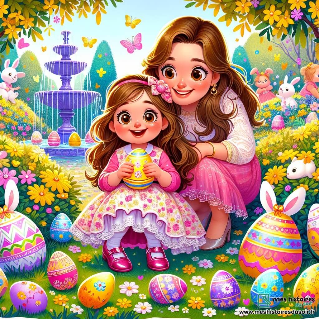 Une petite fille de 4 ans, Lila, avec de longs cheveux bruns et des yeux pétillants, porte une robe rose à fleurs et des chaussures brillantes. Elle est accroupie, souriante, tenant un œuf coloré. Sa maman, une femme d'une trentaine d'années avec des cheveux châtains, l'encourage avec fierté. Le jardin est coloré avec des fleurs jaunes, des lapins en papier et des œufs peints cachés. Au fond, une fontaine scintillante ajoute une touche magique. Lila est en pleine chasse aux œufs de Pâques, découvrant des trésors dans la beauté printanière et l'amour de sa maman.