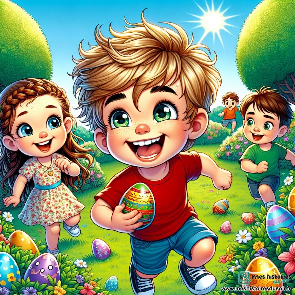 Un petit garçon de 4 ans, Tom, avec des cheveux blonds en désordre et des yeux pétillants, saute de joie dans un jardin ensoleillé. Il porte un t-shirt rouge et un short bleu, tenant un œuf en chocolat coloré. À côté de lui, Lily, une petite fille de 4 ans avec des cheveux bruns tressés et une robe à fleurs, sourit avec un œuf jaune. Max, un garçon de 5 ans avec des cheveux châtains et un t-shirt vert, cherche un œuf derrière une fleur. Le jardin est rempli de fleurs colorées, d'arbres verdoyants et d'œufs en plastique cachés dans l'herbe. La scène illustre la joie d'une chasse aux œufs de Pâques, sous un ciel bleu et ensoleillé.