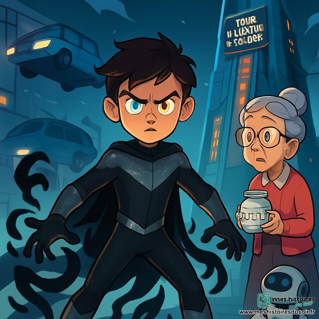 Un jeune garçon, Lucas Sombra, est représenté en super-héros avec un costume noir et argent, un regard déterminé et des yeux changeants. Il se tient au centre, les bras tendus, entouré d'ombres dansantes, prêt à agir. À sa droite, madame Kabriole, une femme âgée de 70 ans avec des cheveux gris en chignon et des lunettes rondes, le regarde avec inquiétude, tenant un pot de sucre. Le décor est la Tour d'Énergie de Solaria, une structure futuriste avec des lumières clignotantes et des câbles, créant une atmosphère mystérieuse. Lucas est prêt à plonger dans l'action pour résoudre la coupure d'énergie qui cause le chaos dans la ville, avec des voitures volantes et des robots figés, ajoutant une tension à la scène.