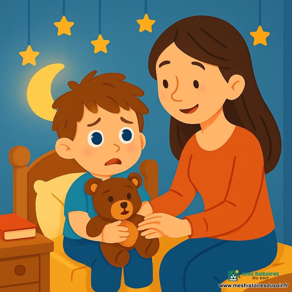 Un petit garçon de 2 ans, avec des cheveux châtains en bataille et de grands yeux bleus, est assis sur son lit, affichant une expression de peur. Il serre son doudou, un ours brun, contre sa poitrine. À ses côtés, sa maman, une femme d'environ 30 ans aux cheveux longs et bruns, sourit doucement en tenant sa main. La chambre est petite et chaleureuse, avec des murs bleu pastel et des étoiles dorées au plafond. Une veilleuse en forme de lune éclaire la pièce d'une lumière apaisante. Le petit garçon a peur du noir, mais sa maman lui offre réconfort et sécurité en lui chantant une douce chanson pour l'aider à s'endormir.