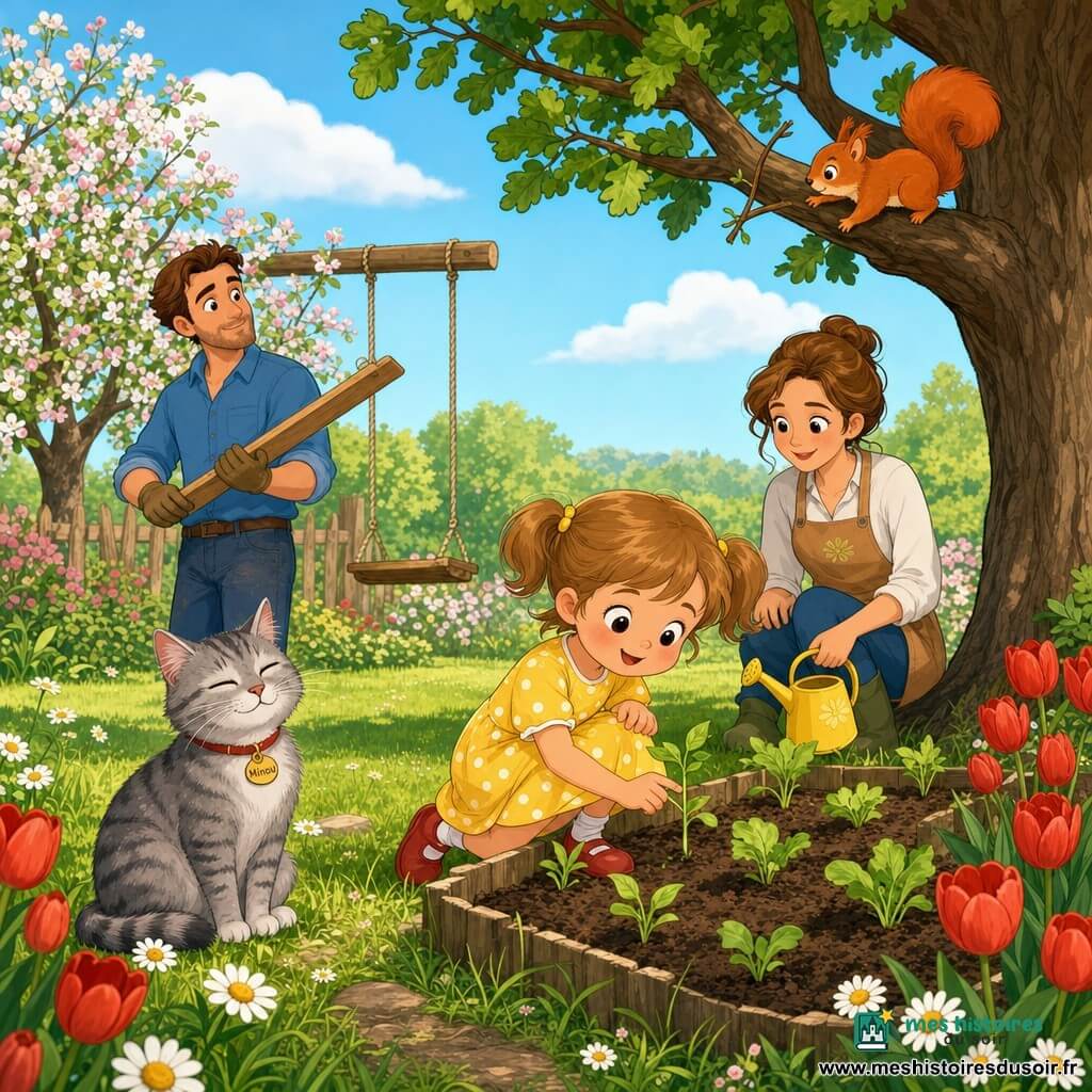 Une fillette de 4 ans, heureuse, cheveux châtain clair en couettes, robe jaune à pois blancs et chaussures rouges, touche une petite pousse dans le potager tandis que sa famille et des animaux l'entourent : Minou le chat gris ronronne au soleil à gauche, Chippy l'écureuil roux saute depuis une branche du vieux chêne à droite, la mère accroupie au tablier tient un arrosoir jaune et le père près du pommier tient une planche pour réparer la balançoire; jardin de printemps lumineux avec pelouse verte, tulipes rouges, pâquerettes blanches, vieux chêne et pommier en fleurs, petite balançoire en bois, lumière chaude du matin, ambiance douce et couleurs vives.