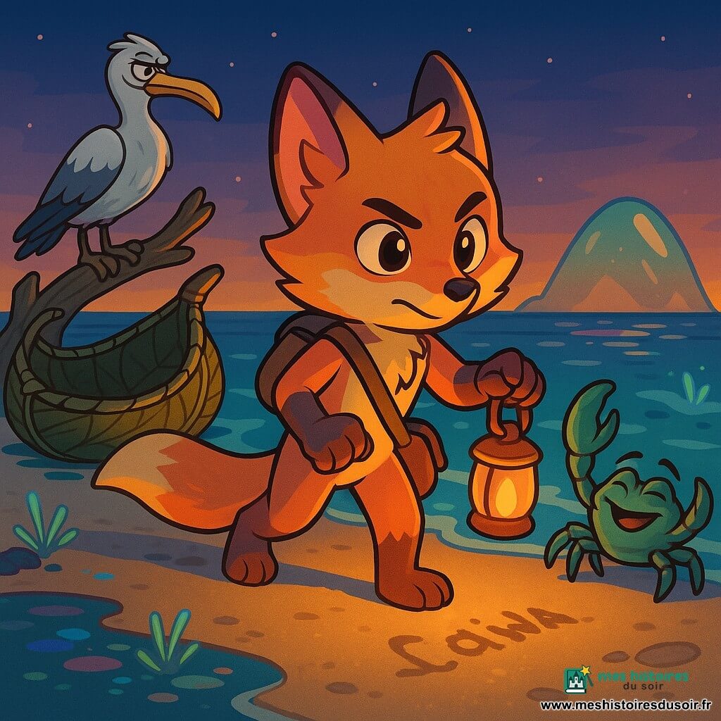 Un jeune renard anthropomorphe au pelage couleur coucher de soleil (orange, rose, or), yeux brillants, visage déterminé mais soulagé, débarque d'une barque tressée de feuilles et pose une patte sur le sable en écrivant doucement son nom avec une autre, tenant une petite lanterne d'écorce et une bourse en bandoulière; à côté, un vieux crabe au regard bienveillant et carapace bleu-vert l'accueille, tandis qu'un goéland au long bec courbé, ailes repliées, perché sur un morceau de bois flotté, veille sur la scène; la baie crépusculaire au sable humide reflète empreintes dorées et flaques irisées, une île brillante et plantes phosphorescentes émergent du rivage, vagues calmes scintillant sous une lumière douce et chaleureuse.
