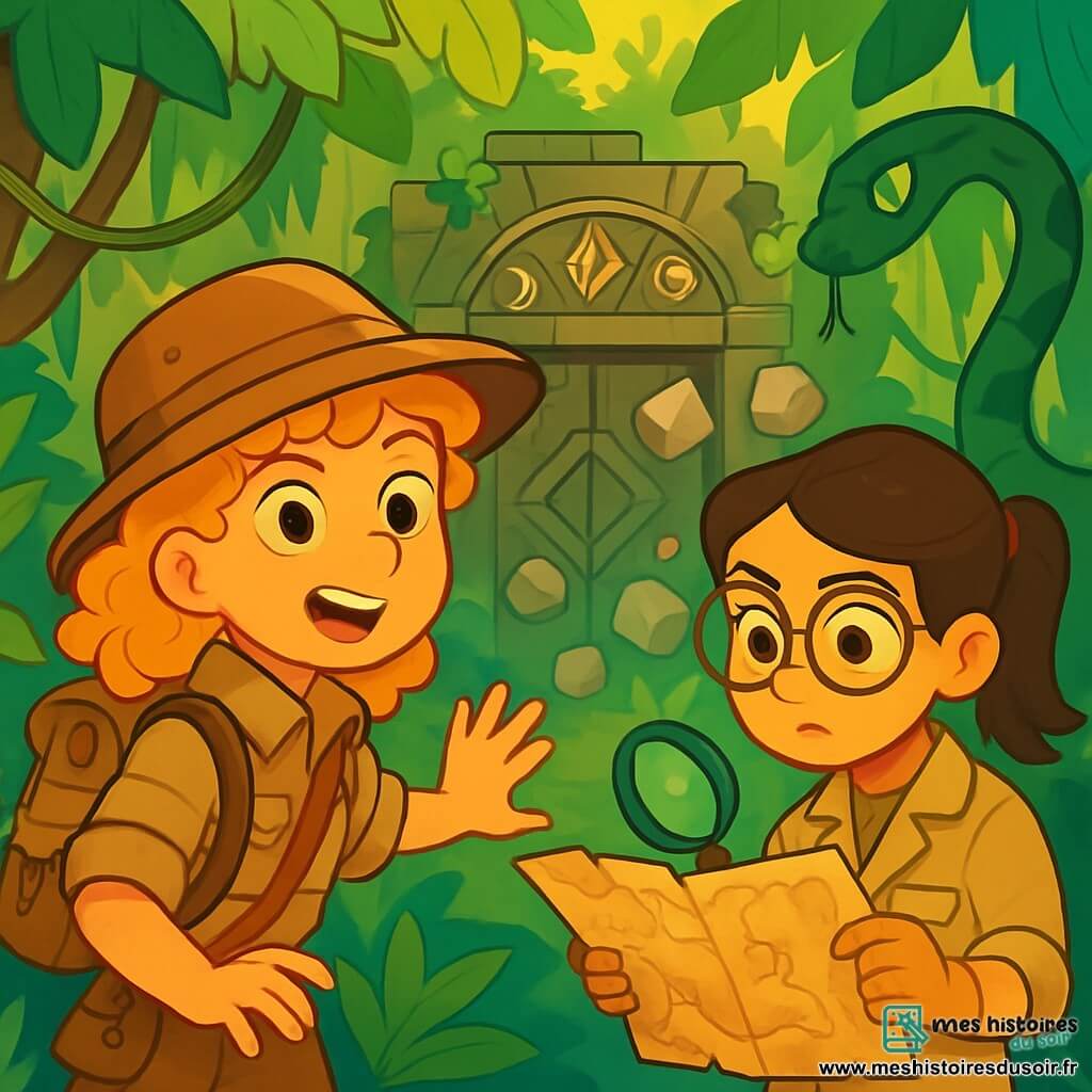 Maïa, jeune exploratrice aux cheveux bouclés et dorés, porte un chapeau d’aventurière et un sac à dos d'outils. Son visage exprime détermination et excitation, avec des yeux pétillants de curiosité. Elle se tient devant une porte ancienne ornée de symboles mystérieux, prête à entrer dans les Ruines d’Émeraude. À ses côtés, Léna, 12 ans, aux lunettes rondes et cheveux bruns en queue de cheval, examine la carte avec concentration, vêtue d'une blouse d’archéologue et tenant une loupe. Le décor est une jungle dense avec des arbres majestueux, des lianes et des fleurs colorées. La lumière du soleil filtre à travers le feuillage, créant des ombres dansantes. Maïa et Léna se retrouvent face à un piège activé, avec des pierres tombant autour d'elles, tandis qu'un serpent géant s'enroule autour d'un arbre, prêt à les observer.