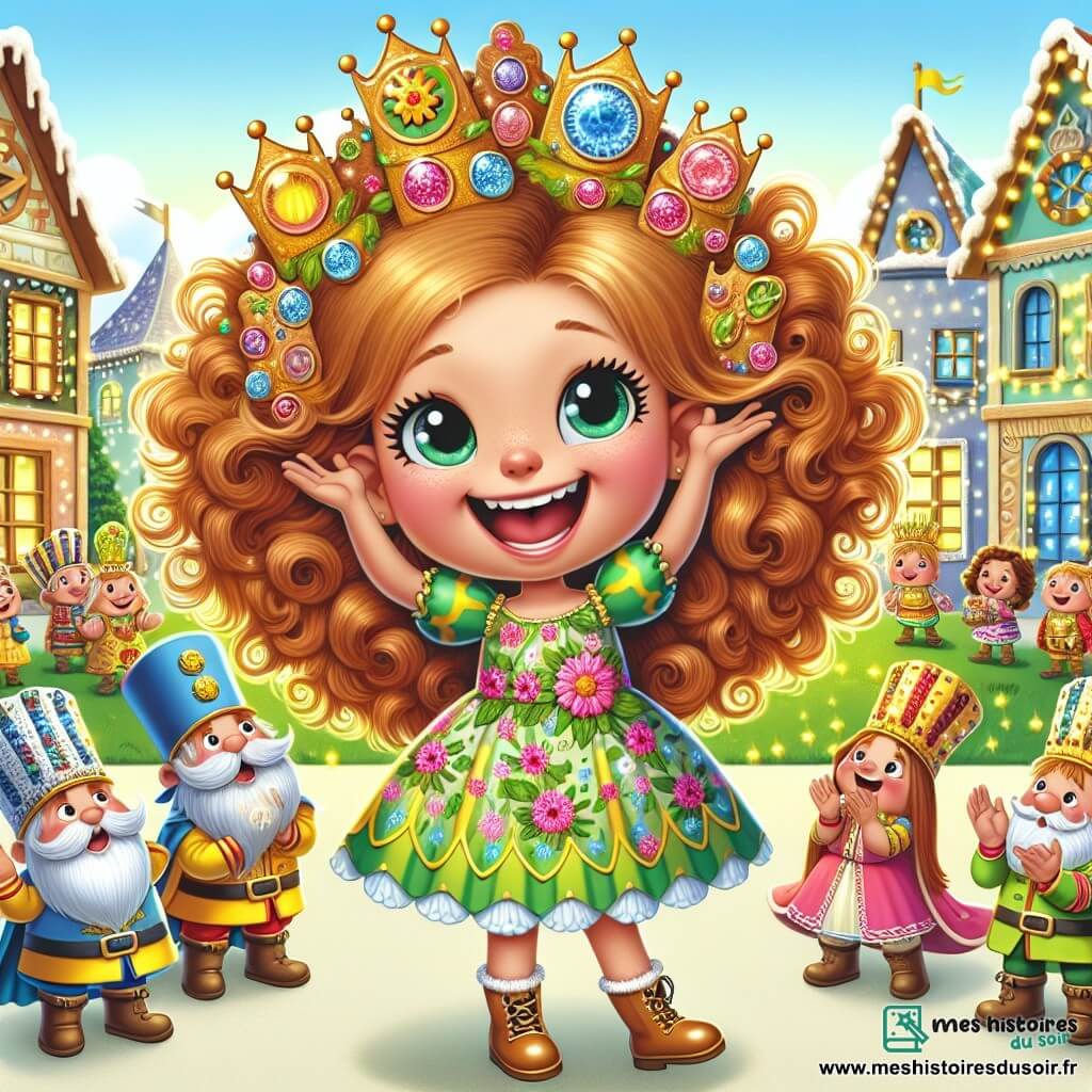 Lila, une petite fille de 8 ans aux cheveux châtain clair et bouclés, porte une robe à fleurs éclatantes. Elle a des yeux curieux et un grand sourire, tenant une carte magique dans sa main. Elle rit, entourée d'une armée de soldats en désordre, chacun avec des couronnes colorées. Parmi eux, un roi moustachu avec une couronne de boutons essaie de donner des ordres, tandis qu'une reine des Tartes aux Pommes applaudit Lila. Le décor est un village féerique avec des maisons en pain d'épice et des arbres scintillants. Lila propose un jeu amusant pour rassembler l'armée, tandis qu'une bulle pétillante s'échappe de sa fiole magique, créant une ambiance joyeuse.