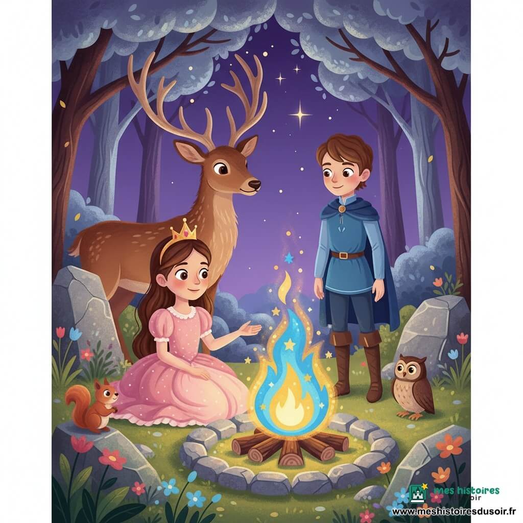 Princesse Mirabelle assise au premier plan, visage émerveillé, robe rose pâle et couronne d'or, tend la main vers un feu enchanté aux flammes bleu électrique et or ; un jeune prince d'environ 10 ans en bleu se tient légèrement en retrait à droite, prêt à s'asseoir, regard bienveillant ; un grand cerf brun protecteur est à gauche derrière la princesse, un écureuil roux et un hibou aux grands yeux sont posés sur des pierres autour du feu ; clairière entourée d'arbres aux feuilles argentées et de pierres en cercle, sol couvert de mousse et fleurs sauvages, ciel nocturne violet étoilé, lumière chaude et composition simple avec expressions claires.