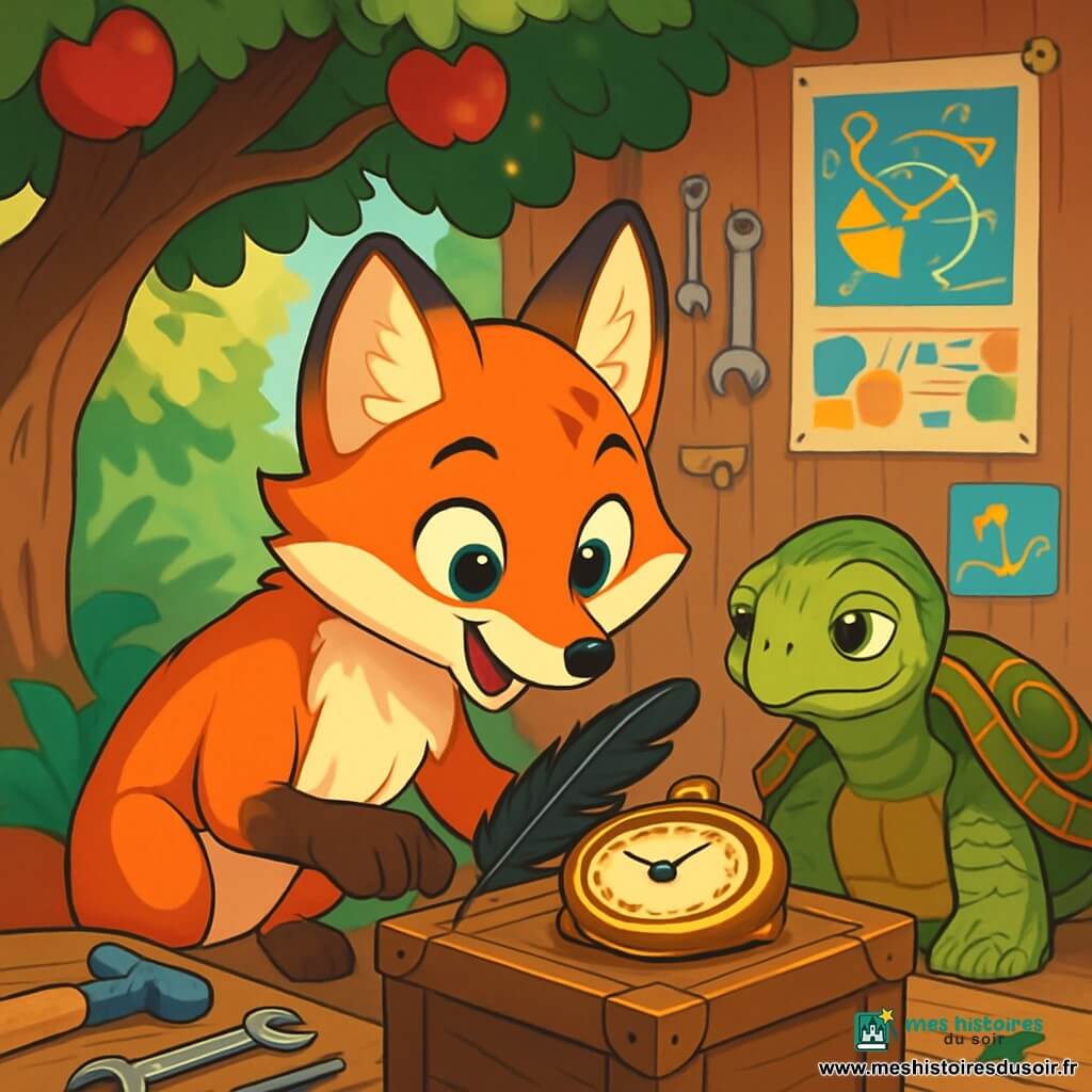 Dans un atelier secret sous un pommier, un renard nommé Léo, aux yeux pétillants et à la fourrure rousse, est émerveillé par une boîte mystérieuse et une plume noire brillante. À ses côtés, Maître Calypso, une tortue sage à la carapace dorée, observe silencieusement. L'atelier est rempli d'outils étincelants et de schémas colorés, baigné d'une lumière magique. Léo découvre un cadran ancien, prêt à déclencher un voyage dans le temps, tandis que Maître Calypso lui transmet son savoir dans une ambiance d'aventure et de mystère.