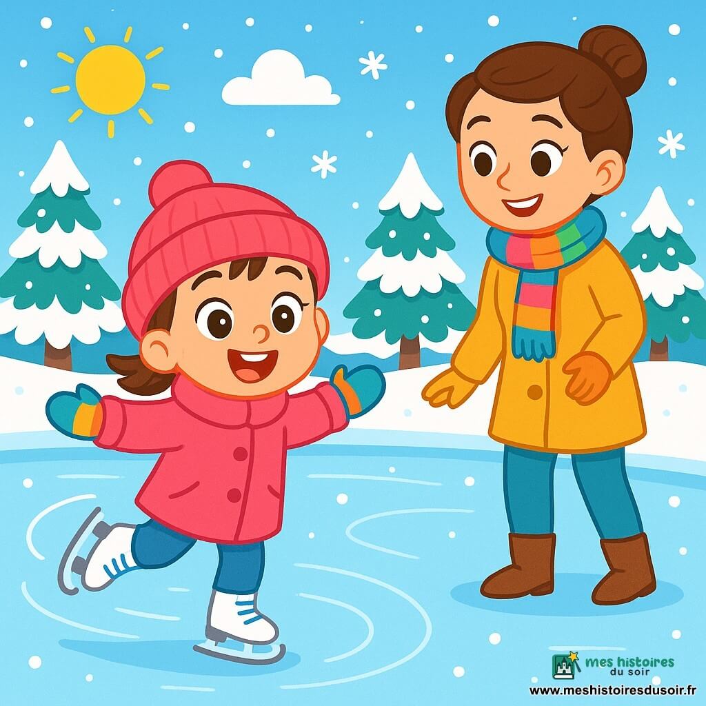 Une petite fille de 4 ans, avec de grands yeux pétillants et un sourire radieux, porte un manteau rose vif et un bonnet assorti. Elle glisse joyeusement sur la glace, les bras ouverts, exprimant une immense joie. À ses côtés, sa maman, une femme d'environ 30 ans avec des cheveux bruns en chignon, l'encourage avec un sourire. Elles se trouvent sur un lac gelé, entouré de sapins recouverts de neige scintillante. La scène est magique avec des flocons de neige tombant doucement, tandis que la petite fille s'amuse à patiner, créant une ambiance joyeuse.
