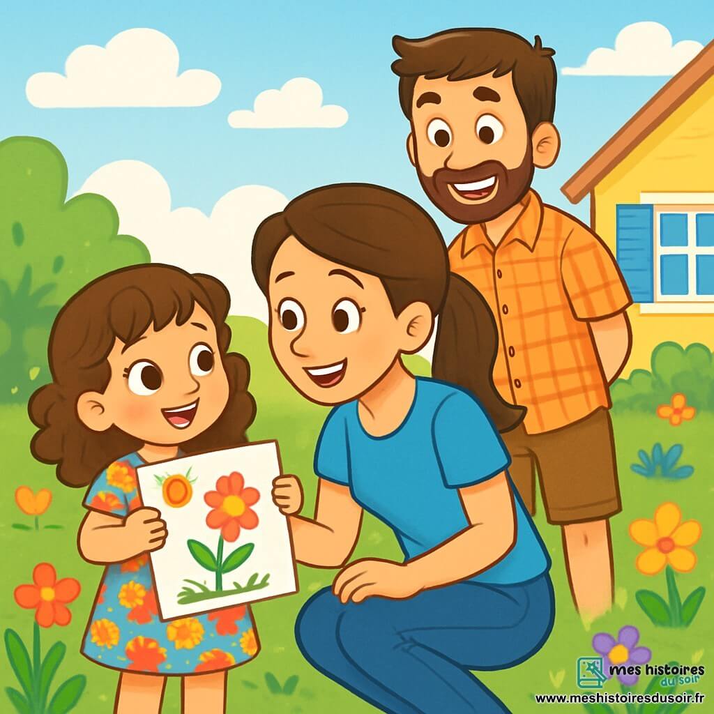 Il y a trois personnages : Célia, une petite fille de 6 ans avec de grands yeux brillants et des boucles châtains, portant une robe colorée à fleurs et tenant un dessin ; Claire, la maman souriante d'une trentaine d'années avec des cheveux longs en queue de cheval, portant un t-shirt bleu et un jean, accroupie à côté de Célia ; et Thomas, le papa jovial d'une trentaine d'années avec des cheveux bruns et une légère barbe, portant une chemise à carreaux et un short, debout derrière elles. La scène se déroule dans un jardin ensoleillé rempli de fleurs colorées, avec une maison jaune au fond. Célia partage son dessin avec sa maman tandis que son papa les regarde avec fierté, illustrant une ambiance chaleureuse et familiale.