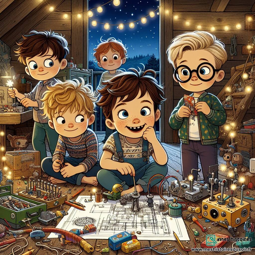 Dans une cabane en bois rustique, quatre garçons se tiennent ensemble, entourés de bric-à-brac coloré. Théo, au centre, tient un bouton de machine avec enthousiasme. À sa droite, Max, portant des lunettes rondes, est penché sur un plan de construction. À gauche, Sam, avec une barre chocolatée à la main, sourit de gourmandise. Léo, le plus calme, observe attentivement les autres. La cabane est décorée de guirlandes lumineuses, et des morceaux de métal et de fil électrique sont éparpillés, créant une ambiance festive. À l'extérieur, la nuit étoilée est remplie de l'excitation du Nouvel An. Les garçons testent leur machine à feux d’artifice bricolée, qui éclate en étincelles colorées, illuminant leurs visages émerveillés.