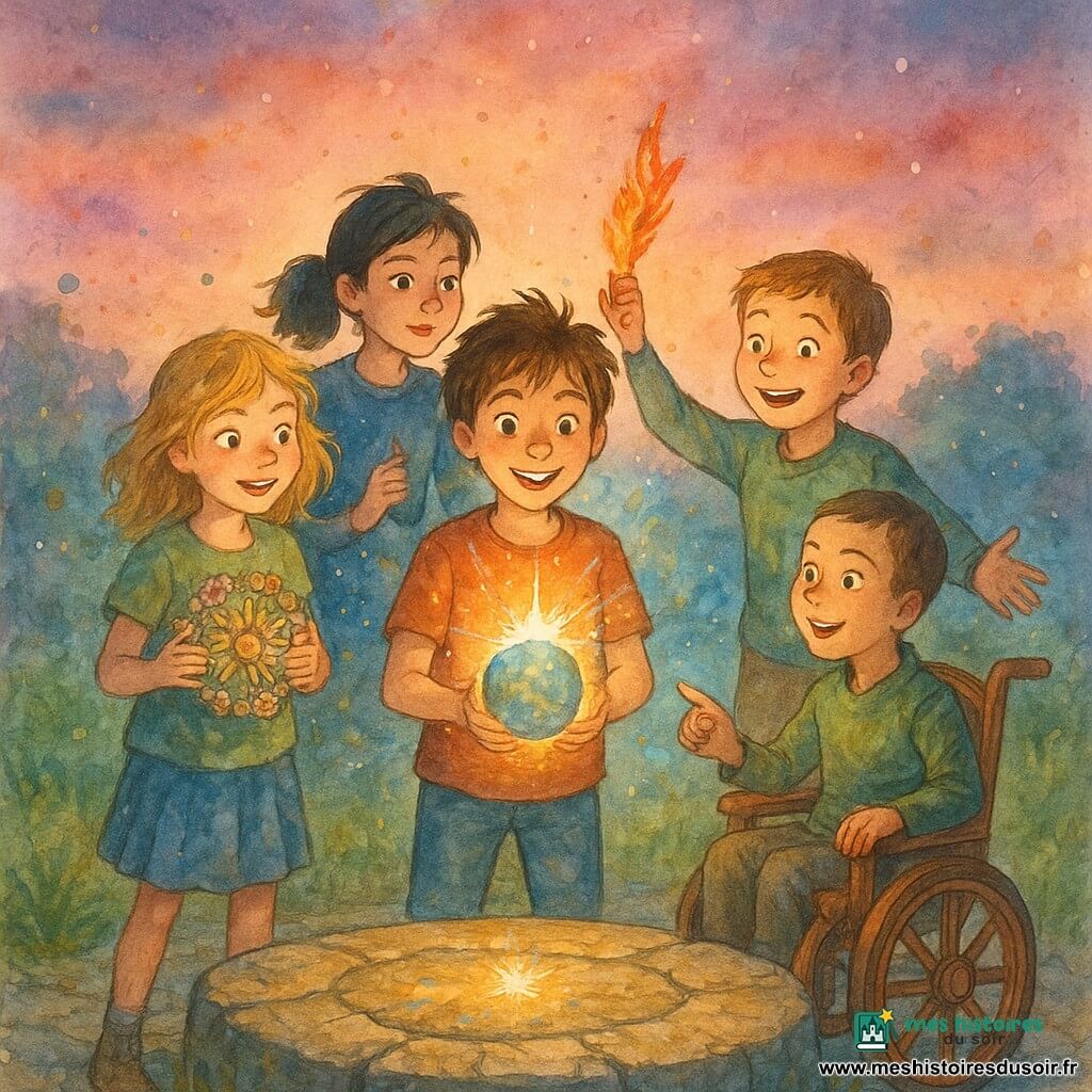Cinq enfants réunis au Centre de la Magie dans une clairière sacrée : Léo (garçon ~12 ans, cheveux bruns en bataille) tient une sphère lumineuse couleur terre au centre-avant; Clara (fille ~12 ans, blonde ébouriffée) tient des cailloux et fleurs en mandala à sa gauche; Hugo (garçon ~11 ans, châtain) sourit et a les bras ouverts à sa droite; Mia (fille ~12 ans, cheveux noirs attachés) se tient derrière à gauche avec une plume flamboyante de Dragon; Samuel (garçon ~12 ans, cheveux courts) est en fauteuil roulant en bois derrière à droite, dirigeant une goutte d'eau scintillante. Ils sont posés sur une grande pierre circulaire au milieu d'un dallage craquelé, herbes luminescentes et aura multicolore sous un ciel crépusculaire rose-violet; leurs quatre éléments (terre, eau, feu, air) fusionnent au-dessus de la pierre et une étoile scintillante jaillit au centre, explosion de lumière dorée et bleue, éclaboussures d'aquarelle et expressions d'émerveillement.