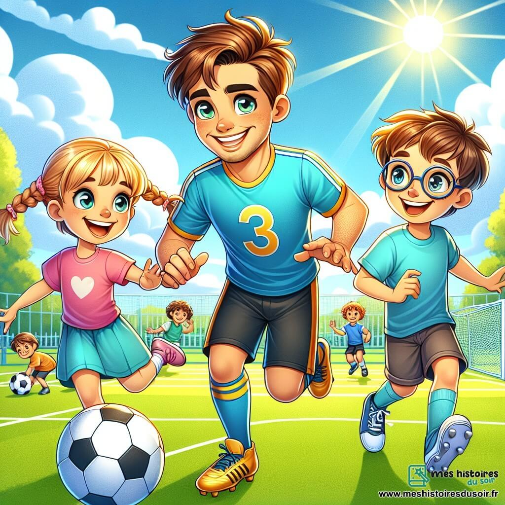 Un homme, Max, footballeur professionnel d'environ 30 ans, souriant et joyeux, jongle avec un ballon de foot. À sa droite, Léa, 8 ans, enthousiaste, court vers le ballon, tandis qu'à gauche, Tom, 9 ans, admire Max en tenant un ballon sous son bras. Le décor est un terrain de football ensoleillé avec des arbres et des enfants jouant au loin. Max entraîne les enfants à jouer, créant une atmosphère de camaraderie et de bonheur partagé.
