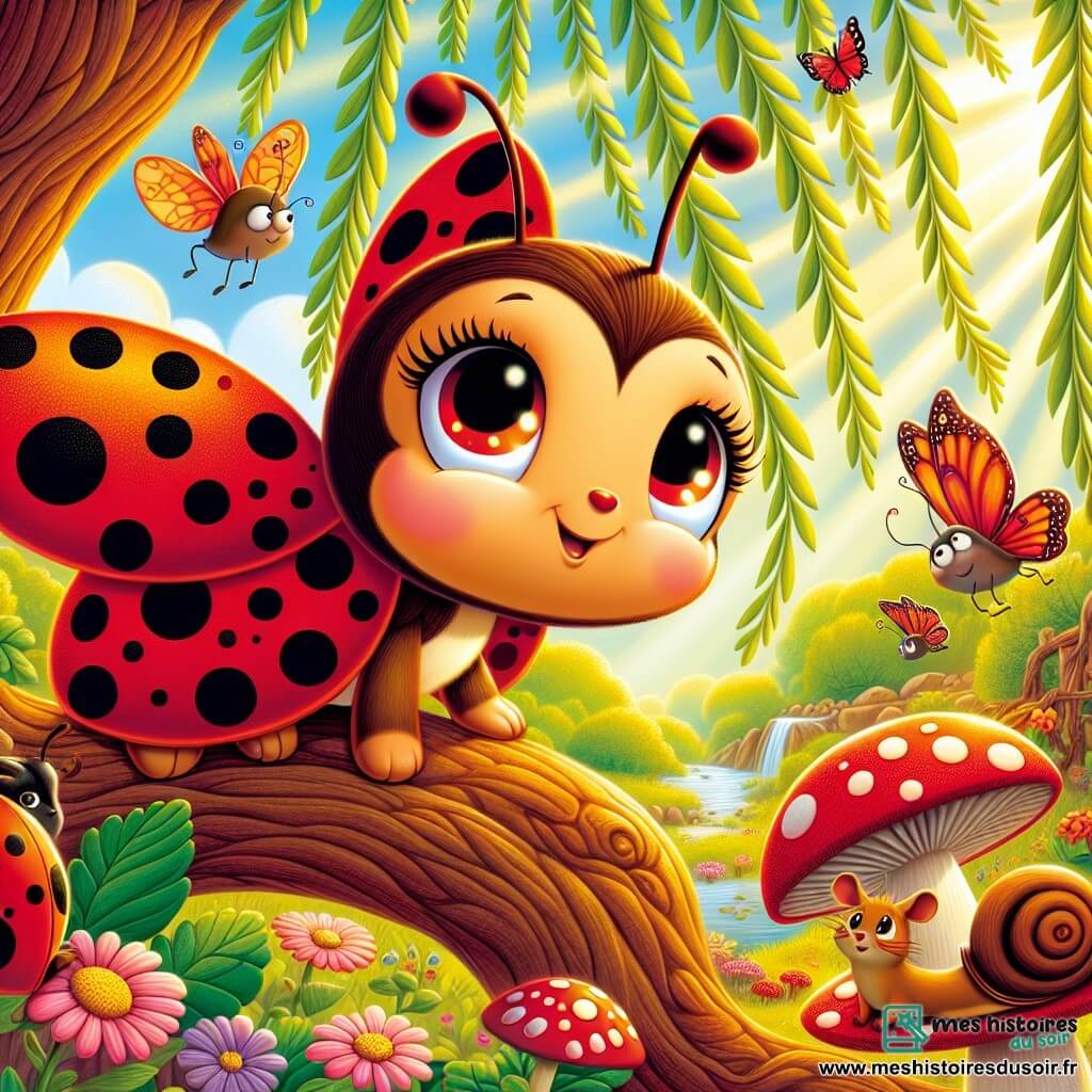 Clara, une petite coccinelle aux ailes rouge vif et aux points noirs, se tient sur une branche d'arbre, excitée et déterminée. Elle observe un vieux saule dont les feuilles dansent dans le vent, sous des rayons de soleil créant une ambiance magique. À proximité, Léon, un escargot philosophique, se déplace lentement sur un champignon, tandis que Mimi, une petite souris malicieuse, est prête à explorer. Le décor est une clairière enchantée avec des fleurs colorées et un étang scintillant. Clara et ses amis se préparent à entrer dans une caverne mystérieuse pour retrouver le Cristal Bleu et sauver leur forêt.