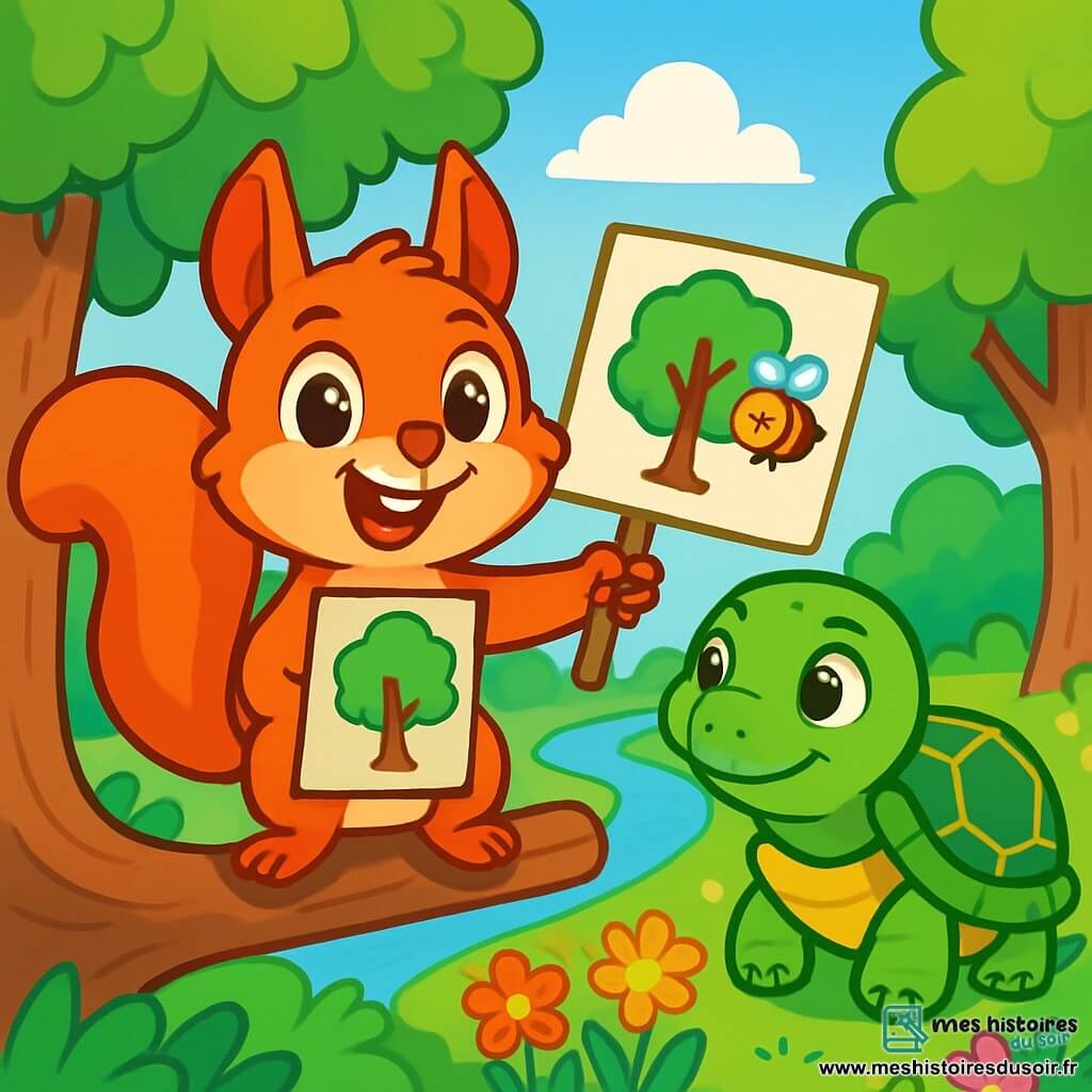 Un jeune écureuil nommé Émile, avec une fourrure rousse et de grands yeux pétillants, se tient sur une branche d'arbre, souriant. Il tient une affiche colorée avec un arbre et une abeille, montrant sa détermination à protéger la nature. À côté de lui, une tortue nommée Tortilla, avec une carapace verte ornée de motifs dorés, le regarde avec fierté, entourée de fleurs colorées. En arrière-plan, la forêt luxuriante est remplie d'arbres majestueux, de fleurs multicolores et d'une rivière scintillante. Émile et Tortilla préparent un atelier de sensibilisation à l'écologie, entourés d'animaux curieux qui les écoutent attentivement, unis pour protéger leur habitat.