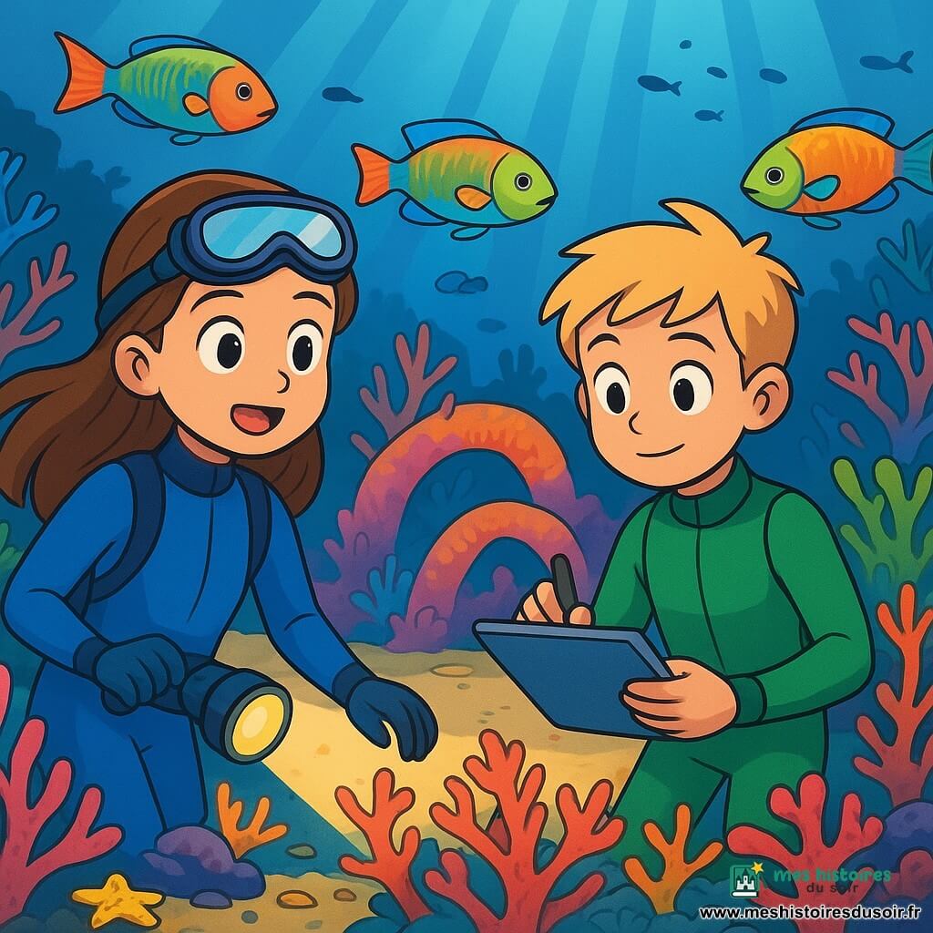 Léa, une fille de neuf ans aux longs cheveux bruns, porte une combinaison de plongée bleue et tient une lampe sous-marine, émerveillée par des poissons colorés. Tom, un garçon de neuf ans aux cheveux courts et blonds, est en retrait avec une combinaison de plongée verte et une tablette imperméable pour noter les arches de corail. L'histoire se déroule dans un jardin sous-marin vibrant de coraux multicolores illuminés par la lumière. Léa et Tom comptent les arches de corail, admirant la vie marine tout en respectant l'environnement en démêlant des cordages autour d'un corail.