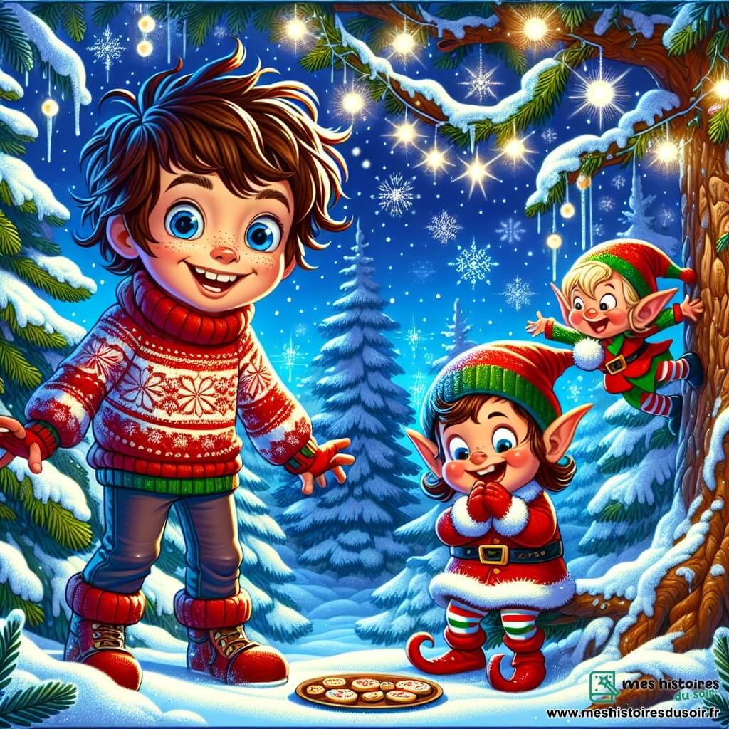 Léo, un garçon de 10 ans aux cheveux châtains en bataille et aux yeux curieux, se tient devant un vieux sapin majestueux recouvert de neige. Il sourit largement, portant un pull rouge à motifs de flocons de neige. À ses côtés, un lutin farceur en bonnet rouge et pull rayé est perché sur une branche, riant joyeusement tout en tenant une assiette de biscuits en forme d'étoiles. La scène se déroule dans une forêt enchantée, avec des flocons de neige tombant doucement et un sol recouvert d'un tapis épais de neige. Léo et le lutin partagent un moment de complicité, Léo levant les bras avec enthousiasme pendant que le lutin lui montre une recette secrète de biscuits, entourés de magie scintillante.