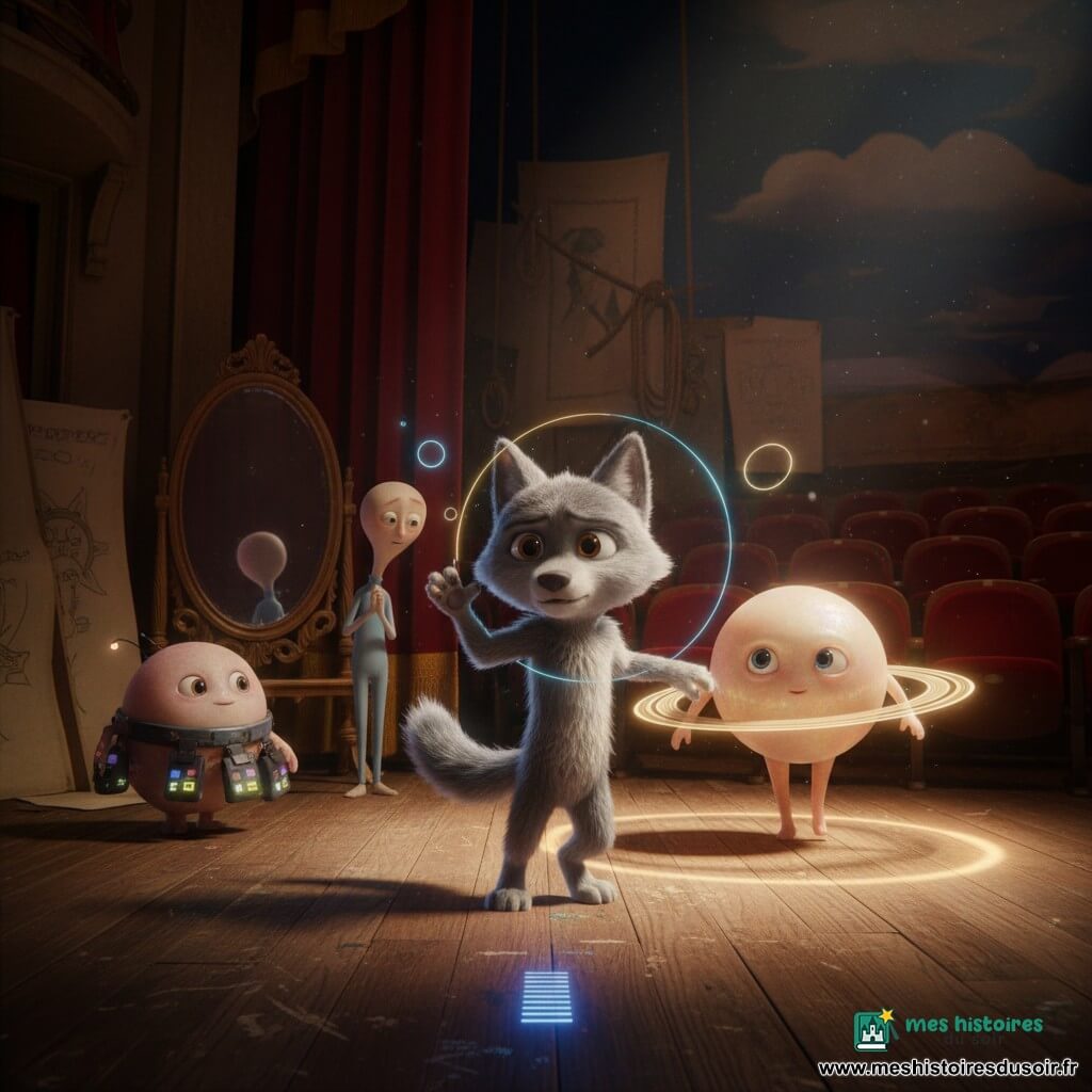 Lino, petit loup anthropomorphe gris aux yeux noisette, est au centre, concentré et émerveillé, faisant un pas glissé de danse; derrière lui à droite flotte Vireli, petite extraterrestre saturnienne nacrée avec un anneau lumineux projetant un cercle sur le plancher; à gauche, Ponk, petit extraterrestre rond joueur, se tient dans l’ombre des coulisses, curieux; Sssil, mince et timide aux yeux en croissant, observe près d’un vieux miroir de danse; le théâtre ancien et chaleureux présente fauteuils en velours rouge, rideau bordeaux, plancher en bois marqué, toiles d’un faux ciel et cordages visibles, poussière scintillante; la scène montre une "danse des anneaux" intime et magique avec cercles de lumière bleue et dorée entrelacés, un faisceau bleu montant comme une échelle de lumière, éclairage cinématographique doux, textures détaillées et couleurs chaudes aux reflets bleutés, composition centrée et lisible pour enfants.