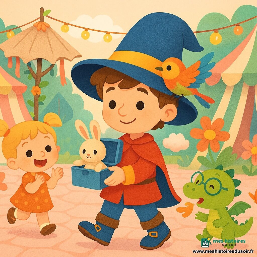 Le prince Léo, souriant, porte un grand chapeau bleu et des chaussures tic-tac; il tient une boîte ouverte d'où sort un lapin en peluche. À sa gauche, une fillette de cinq ans blonde applaudit; à sa droite, un petit dragon vert aux lunettes éternue des papillons en papier. Un oiseau coloré sur l'épaule goûte un nuage de sucre. Un parapluie en branche orné de rubans est ouvert derrière eux. Décor: place de village enchantée aux pavés roses, tentes pastel, guirlandes et lampions; ambiance lumineuse, couleurs vives, style enfantin et chaleureux.