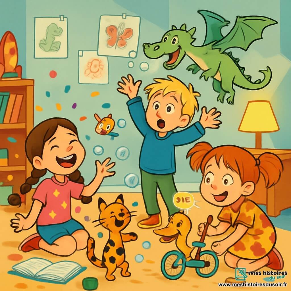 Il y a trois personnages : Lola, une fille de 9 ans avec de longs cheveux bruns en tresses, portant un t-shirt rose et un short en jean, assise sur le sol, riant parmi des confettis ; Max, un garçon de 10 ans avec des cheveux blonds en bataille, habillé d’un sweat bleu et d’un pantalon vert, debout les bras levés, surpris par un dragon dessiné ; et Zélie, une fille de 9 ans avec des cheveux roux en couettes, vêtue d’une robe à fleurs, accroupie avec un crayon magique, dessinant un vélo canard qui quacke. L'histoire se déroule dans une chambre d’enfant colorée, remplie de jouets et de dessins, éclairée par une douce lumière, avec des bulles de savon flottant. Les enfants rient en interagissant avec leurs créations dessinées qui prennent vie, comme un dragon éternuant des bulles, un chat dansant et un vélo canard chantant.