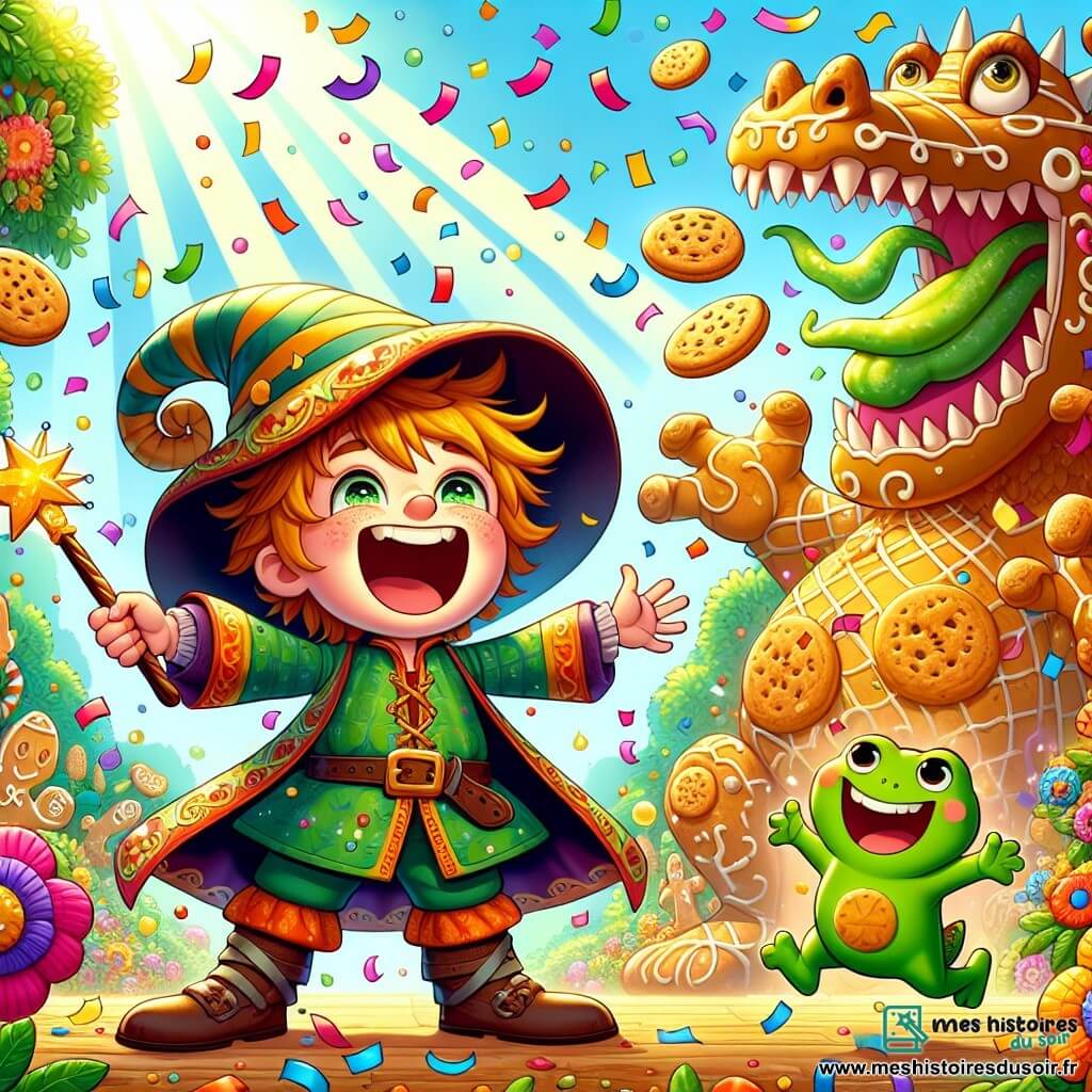 Un garçon de 5 ans, Léo, avec des cheveux en bataille et un chapeau trop grand, rit joyeusement, les yeux pétillants. Il porte une tunique colorée et tient une baguette magique, entouré de confettis. À côté de lui, une petite grenouille verte danse dans les confettis, souriante et pleine de vie, encourageant Léo. Ils se trouvent dans une forêt enchantée où les arbres sourient et les fleurs chantent. Léo raconte une blague à un dragon des biscuits, qui rit aux éclats, créant un moment de partage et de bonheur.