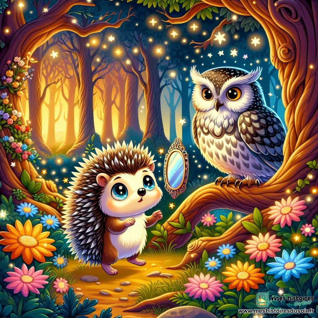 Un petit hérisson nommé Héris, avec des piquants brillants et des yeux curieux, se tient au centre de la scène, excité par la découverte d'un miroir magique dans un bosquet de fleurs. À côté de lui, un hibou sage aux plumes argentées, perché sur une branche, observe attentivement, prêt à poser une énigme. La forêt est illuminée par une lumière dorée, avec des arbres majestueux et des fleurs luminescentes, créant une ambiance féerique. Héris s'approche du miroir enchanté, fasciné par sa lueur, tandis que le hibou se prépare à lui poser une question déterminante.