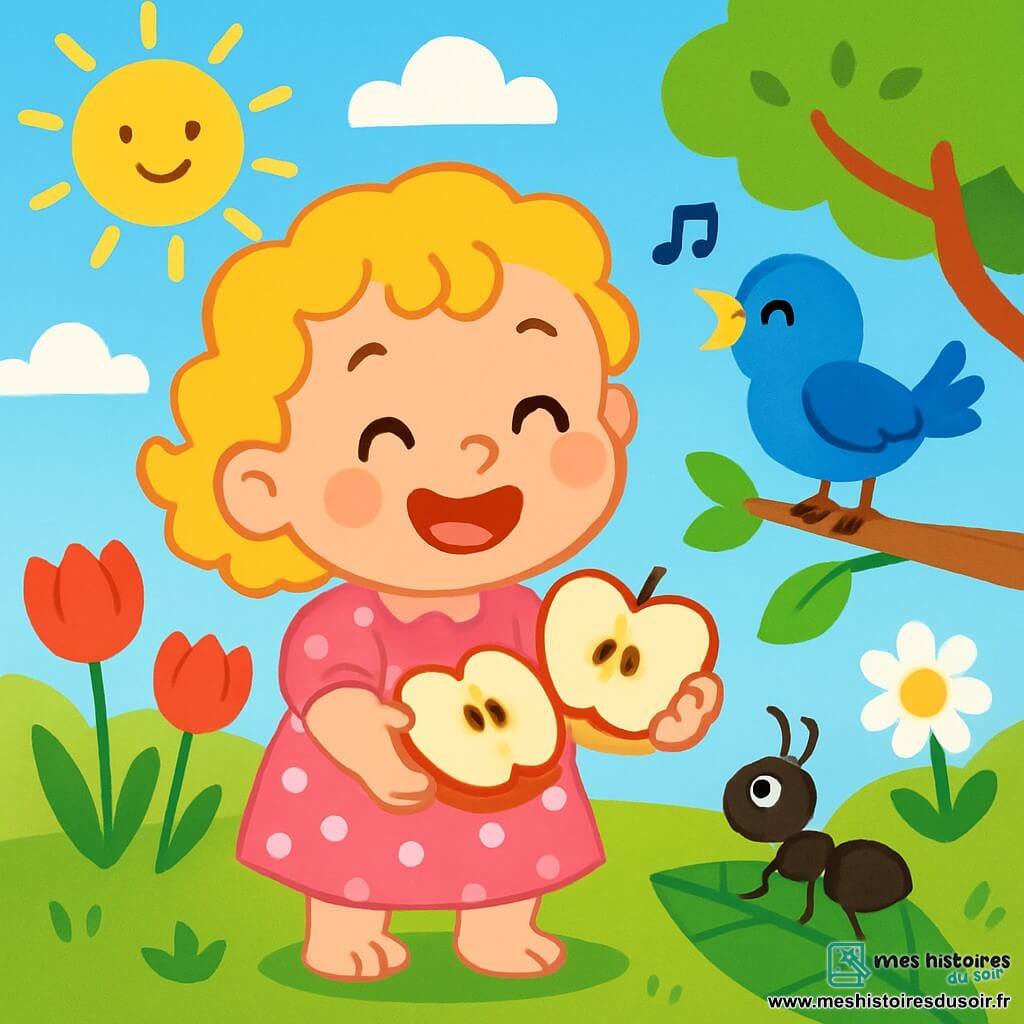 Une petite fille de 2 ans, aux cheveux bouclés et dorés, souriante, se tient au centre d'un jardin ensoleillé. Elle porte une robe rose à pois blancs et tient une pomme rouge dans ses mains. À côté, un oiseau bleu chante sur une branche, tandis qu'une fourmi noire grimpe sur une feuille verte, observant la scène. Le jardin est rempli de fleurs colorées sous un ciel bleu, avec des rayons de soleil créant une atmosphère chaleureuse. La petite fille, émerveillée, coupe sa pomme en deux, prête à partager avec l'oiseau et la fourmi.