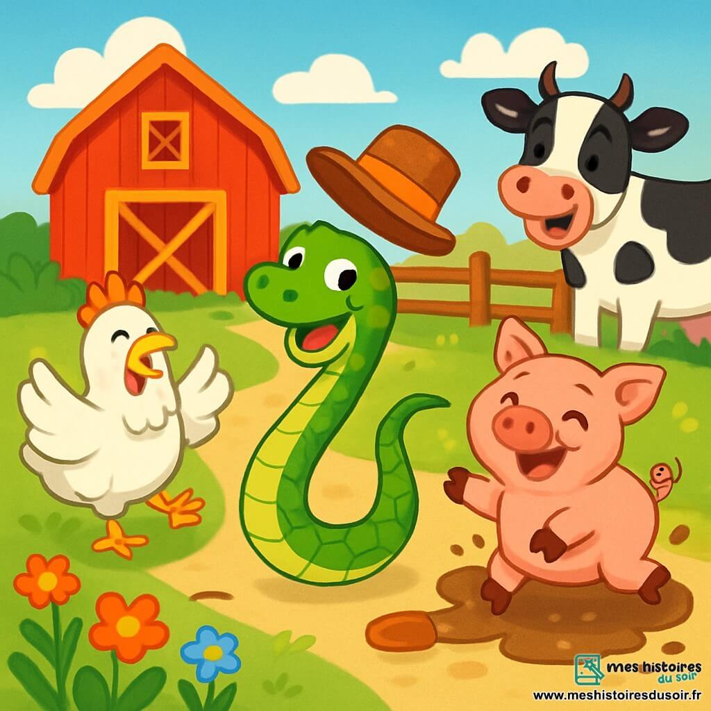 Un serpent vert vif, aux écailles brillantes et aux yeux curieux, glisse joyeusement dans une ferme. Il sourit en cherchant son chapeau qui danse sur sa queue. À ses côtés, une poule blanche aux plumes duveteuses rit en agitant ses ailes. Un cochon rose, avec un ventre rond, tape des pattes dans la boue en riant. Une vache noire et blanche, en arrière-plan, rit aussi en regardant le serpent. La scène se déroule dans une ferme ensoleillée avec une grange rouge, des champs verdoyants et des fleurs colorées. Au centre, le serpent, entouré de ses amis, s'amuse à attraper son chapeau, créant une ambiance festive.