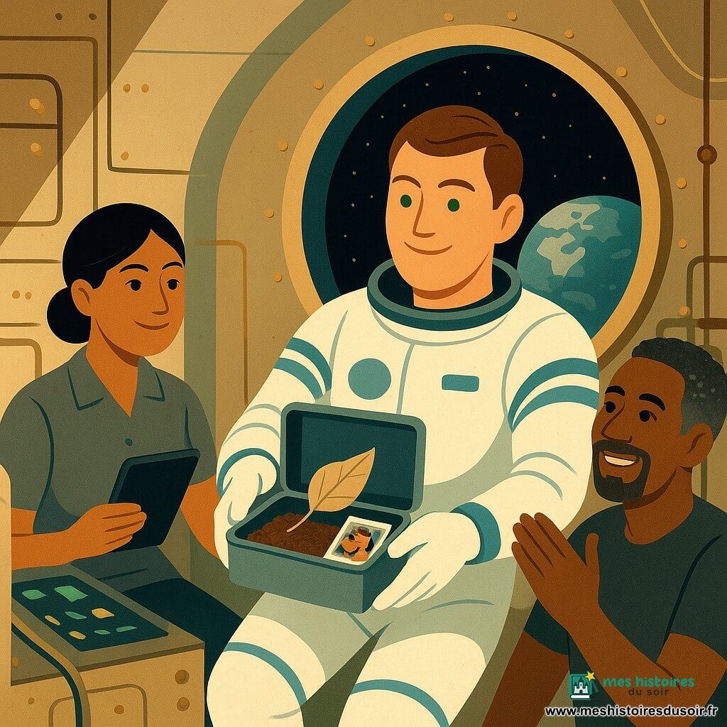 Marc, une trentaine d'années, visage rond, cheveux bruns courts et yeux verts, flotte sereinement en combinaison d'astronaute blanche à bandes bleues, tenant une petite boîte métallique ouverte contenant de la terre, une feuille séchée et une photo de famille ; Lila, ~30 ans, peau claire, cheveux noirs attachés, en combinaison grise courte, est assise près d'une console lumineuse à sa gauche, regardant la scène avec bienveillance et tenant une tablette ; Tom, la quarantaine, peau mate et cheveux poivre et sel, est à l'arrière-plan à droite, accroché à une main courante et applaudissant doucement. L'intérieur de la station spatiale présente des parois métalliques crème texturées, panneaux rivetés dorés, câbles rangés et rails muraux, avec un grand hublot montrant la Terre et des étoiles ; l'atmosphère nocturne est calme, chaleureuse et sereine, aux formes géométriques et aux couleurs art déco (bleus profonds, ocres, verts doux).