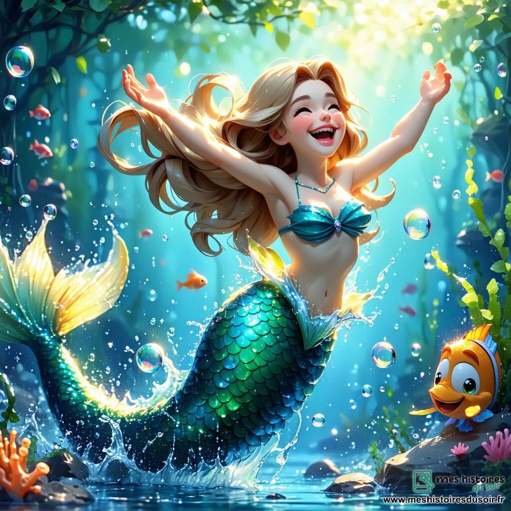 Au centre de l'image, une sirène joyeuse nommée Léa, avec de longs cheveux blonds, des yeux bleus pétillants et une queue de poisson scintillante, éclabousse d'eau en riant, entourée de bulles colorées. À côté d'elle, un poisson farceur nommé Farfadet nage en faisant des pirouettes, prêt à faire une blague. En arrière-plan, une étoile de mer souriante nommée Stella flotte doucement, observant la scène avec admiration. Le décor est un récif de corail vibrant, illuminé par des rayons de lumière. Léa éclabousse joyeusement des enfants humains jouant près d'une fontaine sur la plage, créant une ambiance ludique et amusante.