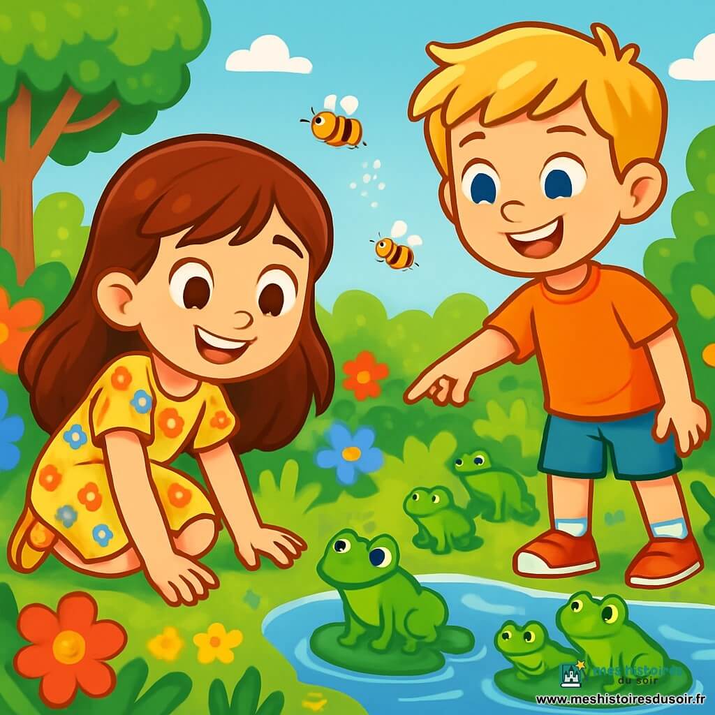 Une fille de 8 ans, Margot, avec de longs cheveux bruns et des yeux curieux, est accroupie dans un jardin fleuri, souriante. Elle porte une robe légère à fleurs et des sandales, ses mains dans l'herbe verte, observant des grenouilles près d'une mare. Son ami Hugo, 9 ans, aux cheveux blonds et aux yeux bleus, se tient debout en pointant une grenouille sur un nénuphar, excité. Le jardin est coloré, avec des arbres feuillus et une mare scintillante. Des abeilles bourdonnent autour des fleurs, créant une ambiance joyeuse. Margot et Hugo explorent ensemble les merveilles du printemps et les grenouilles.