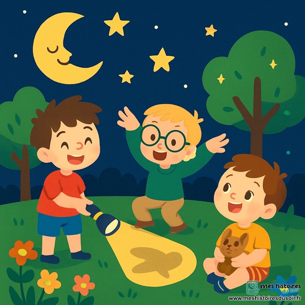 Trois personnages se trouvent dans un jardin nocturne : Léo, un garçon de 7 ans avec des cheveux bruns, un t-shirt rouge et un short bleu, tient une lampe de poche ; Max, 6 ans, avec des cheveux blonds et des lunettes rondes, porte un pull vert et imite un hibou ; Tom, 5 ans, avec des cheveux châtains, un t-shirt jaune et un short à rayures, est assis sur l'herbe, émerveillé par les étoiles avec un chat en peluche. La scène est illuminée par la lune et les étoiles, créant une ambiance magique où les enfants jouent et rient ensemble.