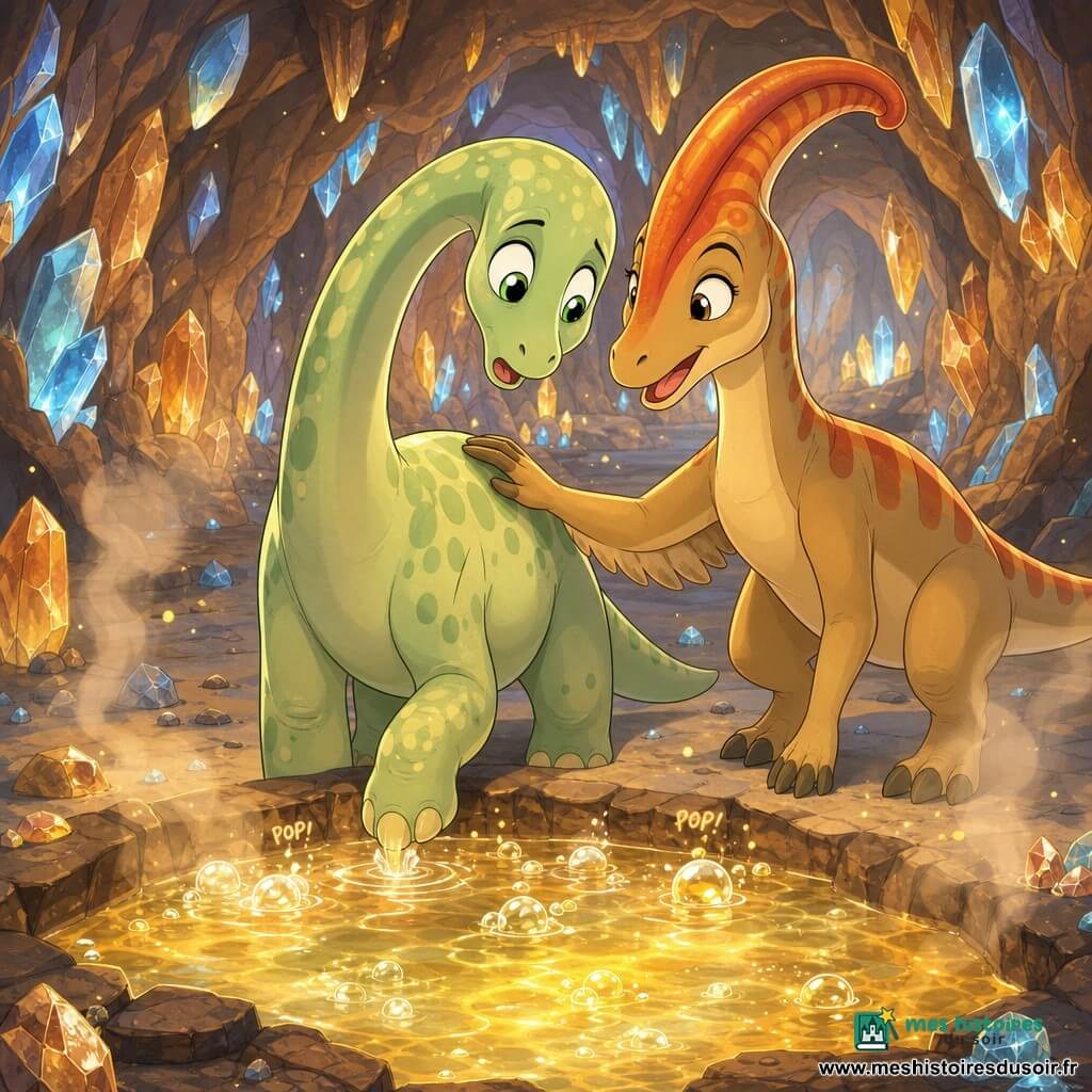 Jeune diplodocus longiligne vert pâle tacheté, au cou étiré et air émerveillé et timide, pose délicatement une patte dans un bassin tiède qui fait des bulles ; Oréo, parasaurolophus élancé à grande crête rouge-orangé, sourit bienveillant et pose une aile sur son épaule pour rassurer ; la grotte volcanique ronde et chaleureuse, murs tapissés de cristaux ambre et bleu pâle, vapeur douce et sol de sable gris parsemé de cailloux brillants, accueille au centre un bassin aux reflets dorés dont les bulles éclatent en petits "pop" tandis que la lumière des cristaux danse sur leurs visages ; ambiance douce et merveilleuse, palette ocre/ambre/vert tendre avec contrastes bleus, traits ronds et textures douces, composition centrée sur la rencontre.
