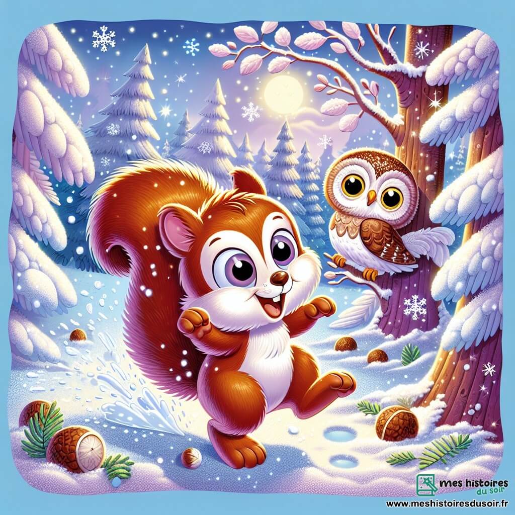 Un petit écureuil brun nommé Noisette, joyeux, saute dans la neige, sa queue touffue derrière lui. Il sourit et ses pattes sont couvertes de neige scintillante. Plume, la chouette aux plumes blanches et grises, est perchée sur une branche, ses grands yeux brillent d'excitation en regardant Noisette, prête à l'inviter à jouer. La scène se déroule dans une forêt magique, où les arbres sont recouverts de neige et le sol est une épaisse couche de poudreuse. Noisette et Plume s'apprêtent à jouer ensemble, riant dans une ambiance féerique.
