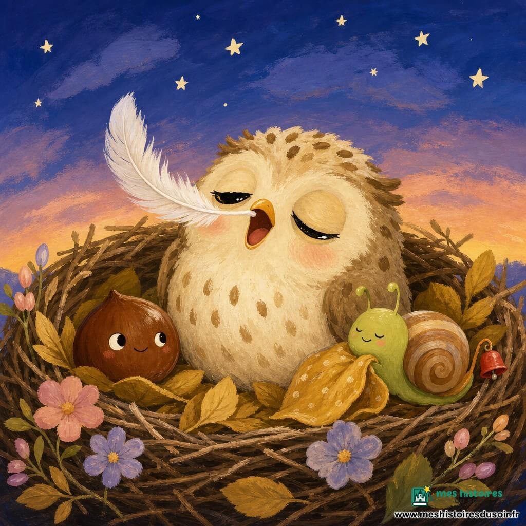 Pim, une petite chouette ronde et duveteuse couleur crème aux taches brunes et yeux brillants, bâille et se blottit au centre d'un grand nid de brindilles et feuilles jaunes posé sur une branche, à gauche une noisette marron lisse affiche une moue malicieuse, une plume blanche se pose délicatement sur le bec, à droite un escargot vert à carapace rayée porte une petite clochette rouge et se blottit contre une feuille-doudou, petites fleurs pastel décorent le nid, ciel crépusculaire étoilé en arrière-plan, ambiance calme, chaleureuse et rigolote, textures épaisses et traces de pinceau visibles (gouache).