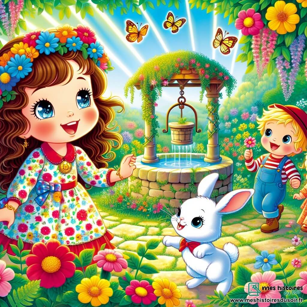 Léa, une petite fille de 4 ans aux grands yeux brillants et aux cheveux châtains bouclés, porte une robe colorée à fleurs et sourit en admirant un jardin secret rempli de fleurs éclatantes et de papillons. À ses côtés, Pipo, un lapin blanc avec un petit chapeau, saute joyeusement. Tom, un garçon de 5 ans aux cheveux blonds et à la casquette rouge, s'accroupit pour admirer une fleur, tandis que Mia, une fille de 4 ans aux cheveux bruns et à la robe rose, danse autour d'eux. En arrière-plan, un vieux puits en pierre est entouré de verdure et de rayons de soleil. Ils découvrent ce jardin magique, pleins de joie et d'excitation, prêts à faire un vœu au puits enchanté.