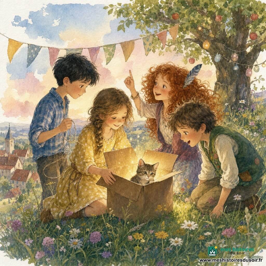 Zoé, 10 ans, souriante et concentrée, mains posées sur une grande boîte en carton ouverte ; à sa gauche Jules, 10 ans, sérieux et curieux, tenant une ficelle ; à sa droite Lila, 9–10 ans, malicieuse, cheveux roux bouclés, levant la main comme pour raconter une blague ; devant eux Max, 10 ans, farceur, penchant pour montrer un petit chaton sorti de la boîte ; ils sont au sommet d’une colline fleurie avec une banderole, quelques maisons en contrebas et un vieux pommier ; la boîte pétille doucement et une petite lumière dorée jaillit de l’intérieur, ambiance joyeuse et tendre.