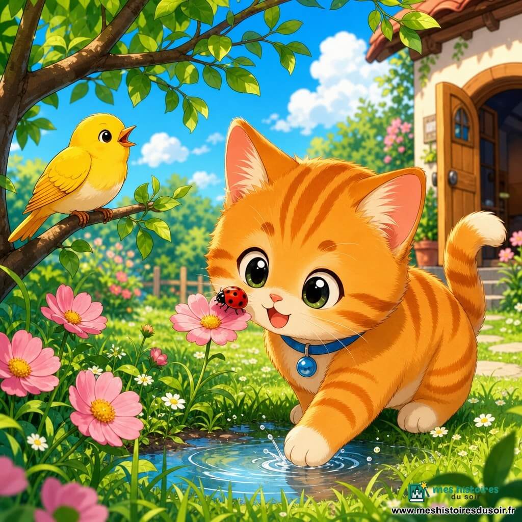 Un chaton domestique orange rayé, doux et potelé, col bleu, patte dans une petite flaque d’eau, près d’une coccinelle rouge à points noirs posée sur une fleur rose et d’un oiseau jaune perché sur une branche à gauche qui chante, dans un jardin d’été lumineux aux herbes vertes, marguerites blanches, fleurs roses, arbre à branches basses et petite porte ouverte, ciel bleu parsemé de nuages, ambiance chaude, douce et joyeuse.