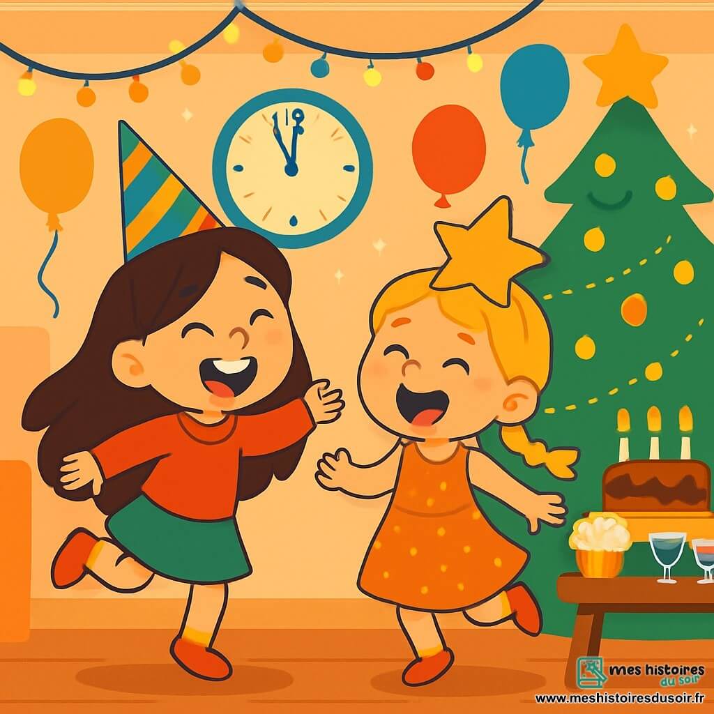 Deux personnages principaux : Lily, une fille de 7 ans aux longs cheveux bruns et yeux pétillants, portant un chapeau de fête coloré et un pull rouge, saute joyeusement sur un pied. Zoé, une fille de 6 ans avec des cheveux blonds en tresses et des yeux bleus, porte une robe à paillettes et un chapeau en forme d'étoile, riant et sautant à côté de Lily. L'action se déroule dans une salle de séjour chaleureuse, décorée de guirlandes lumineuses et d'un sapin de Noël illuminé, avec des ballons flottant et une table de gâteaux et boissons. Les deux filles s'amusent à sauter sur un pied, entourées d'une ambiance festive, prêtes à accueillir la nouvelle année.