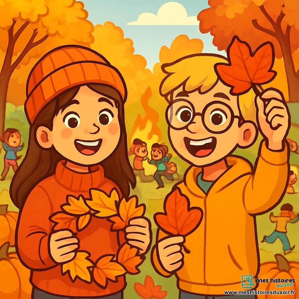 Clara, une petite fille de 12 ans aux longs cheveux bruns et aux joues roses, sourit en tenant une couronne de feuilles d'automne qu'elle a fabriquée. Elle porte un pull orange et un bonnet en laine. À ses côtés, Lucas, un garçon de 12 ans aux cheveux blonds et lunettes rondes, rit en montrant une feuille en forme de cœur. Ils se trouvent dans un parc aux couleurs automnales, entourés de citrouilles décoratives. La scène est animée avec des enfants jouant et riant autour d'un feu de camp. Clara et Lucas s'apprêtent à participer à un jeu de lancer de pommes, leurs visages rayonnants de bonheur.